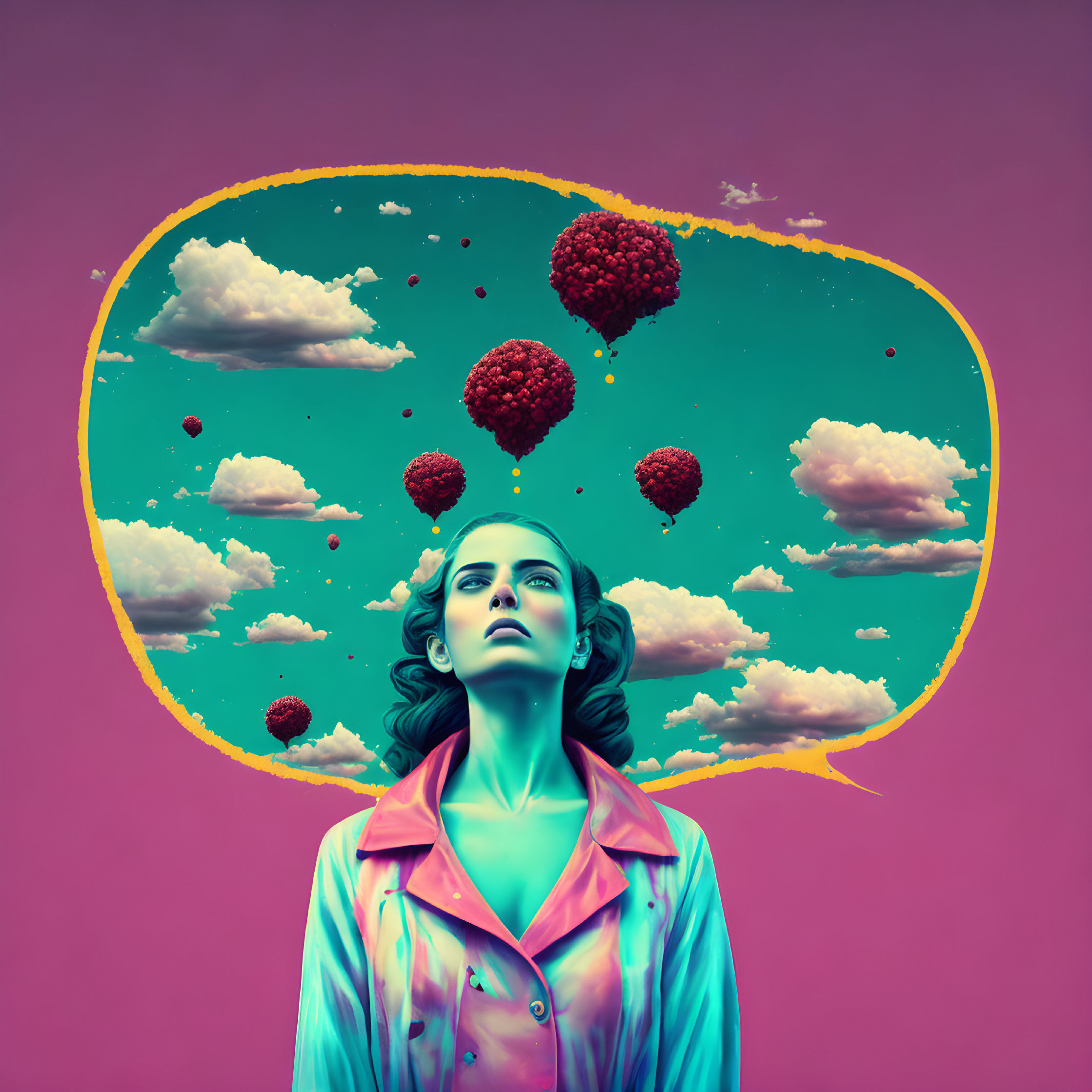 Woman gazes at vibrant sky with heart-shaped trees on pink background