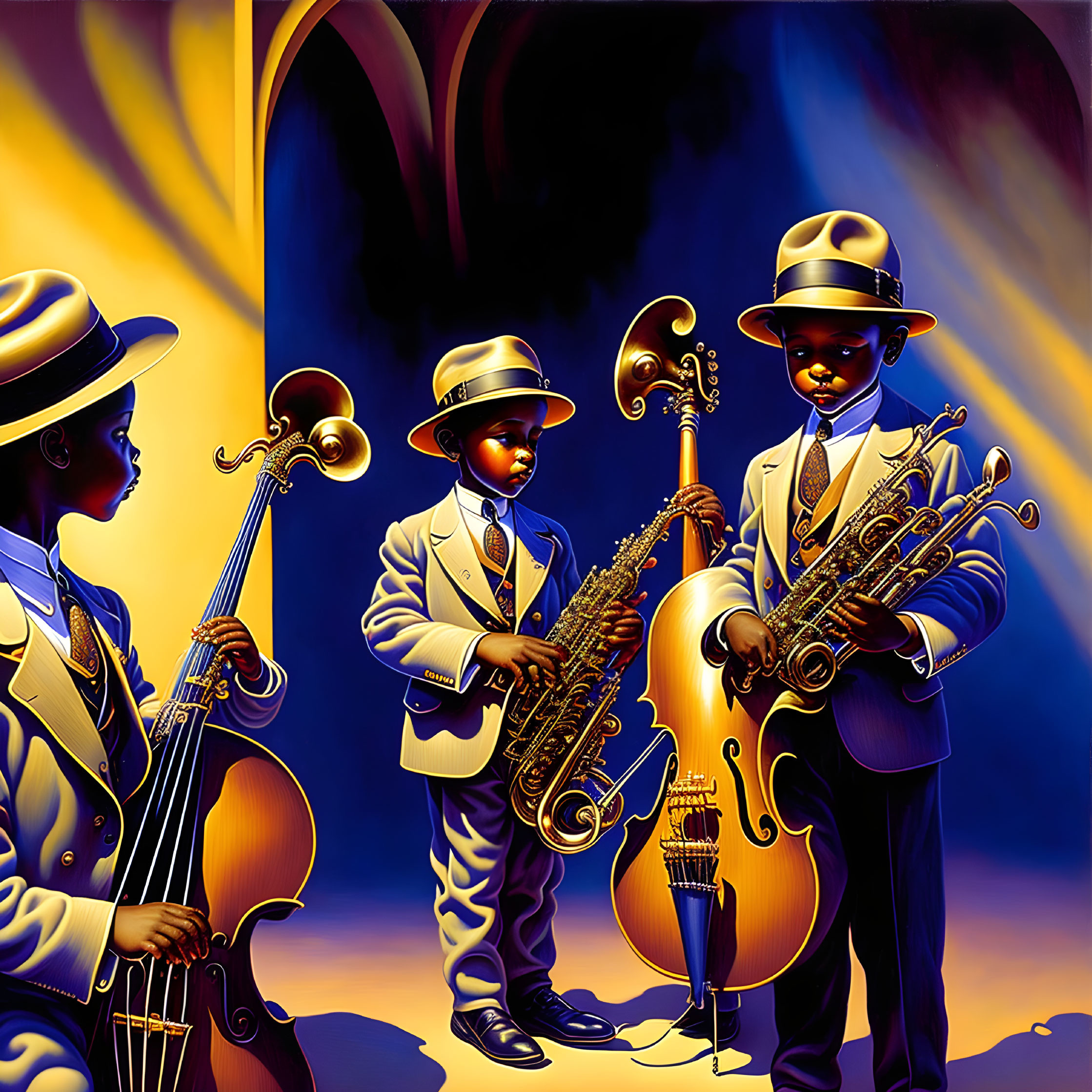 Colorful Animated Musicians Playing Instruments in Suits and Hats