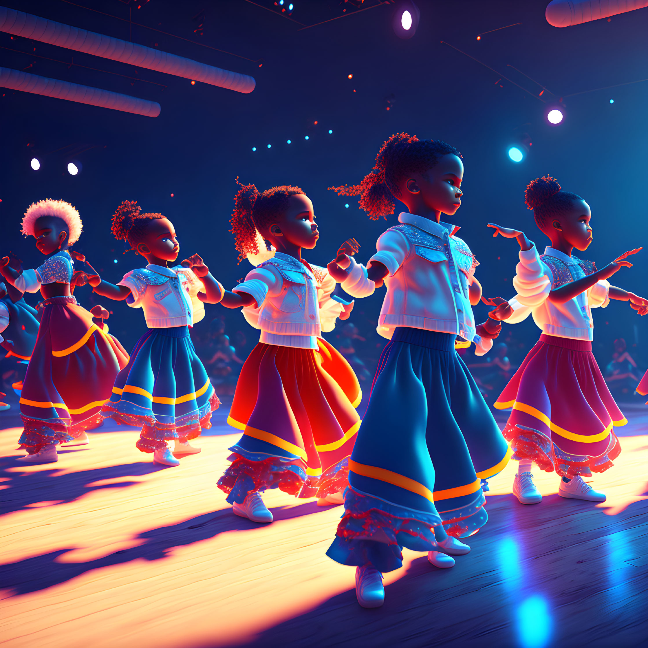 Colorful animated children characters dancing in vibrant disco setting