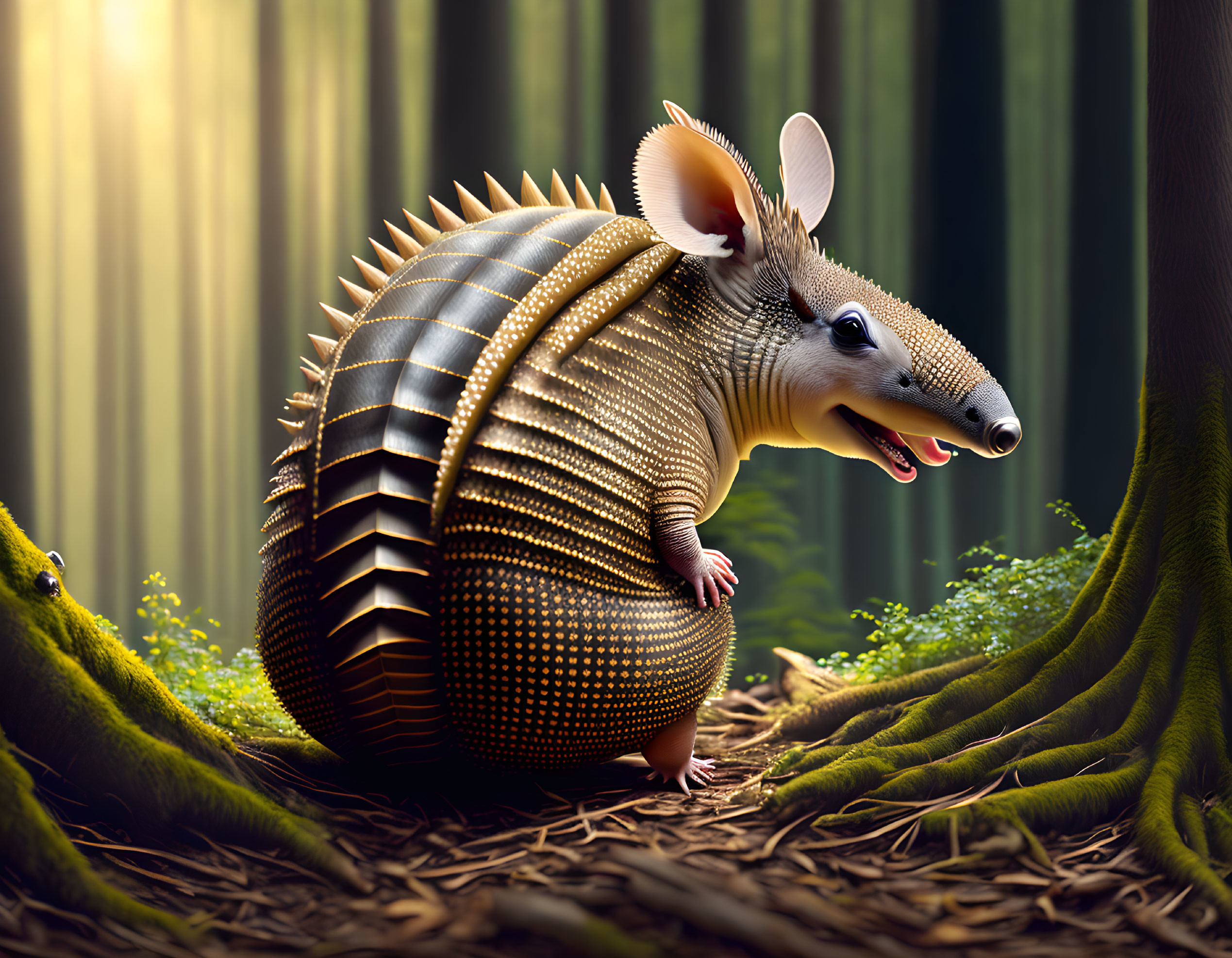 Armored armadillo illustration in forest sunlight