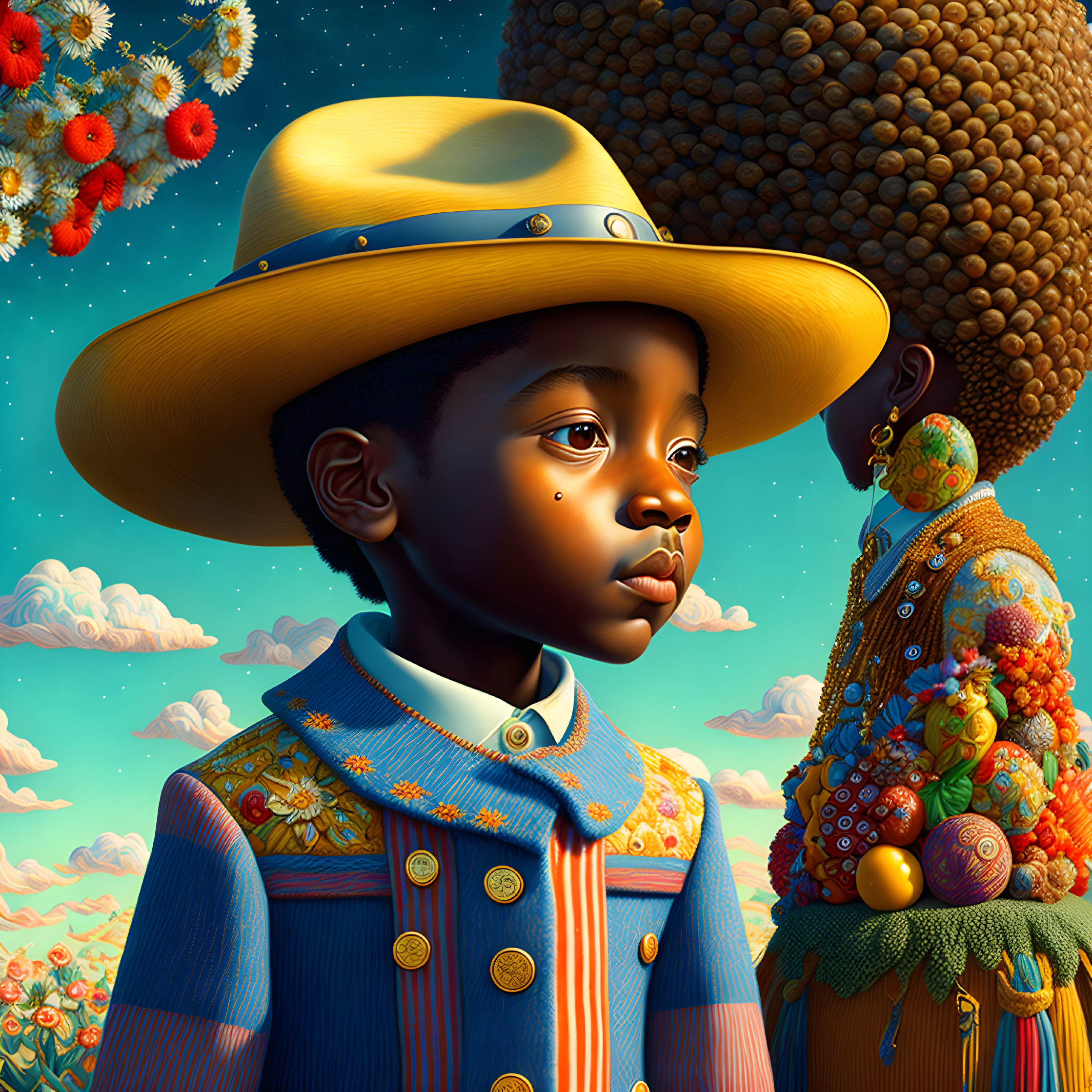 Colorful digital artwork featuring two stylized characters in textured clothing and hats against a surreal sky with floating