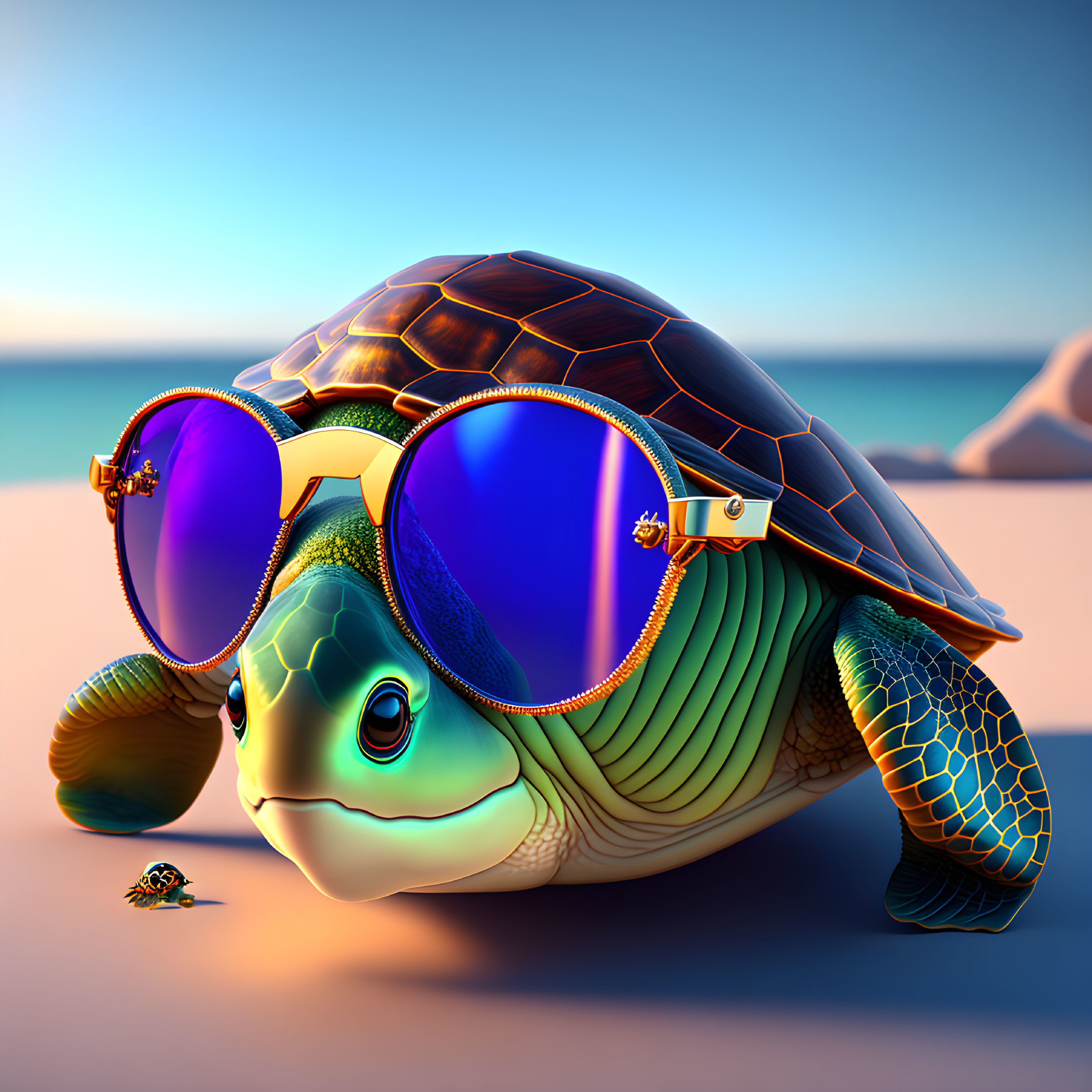 Large Turtle with Oversized Sunglasses & Tiny Turtle on Sandy Beach