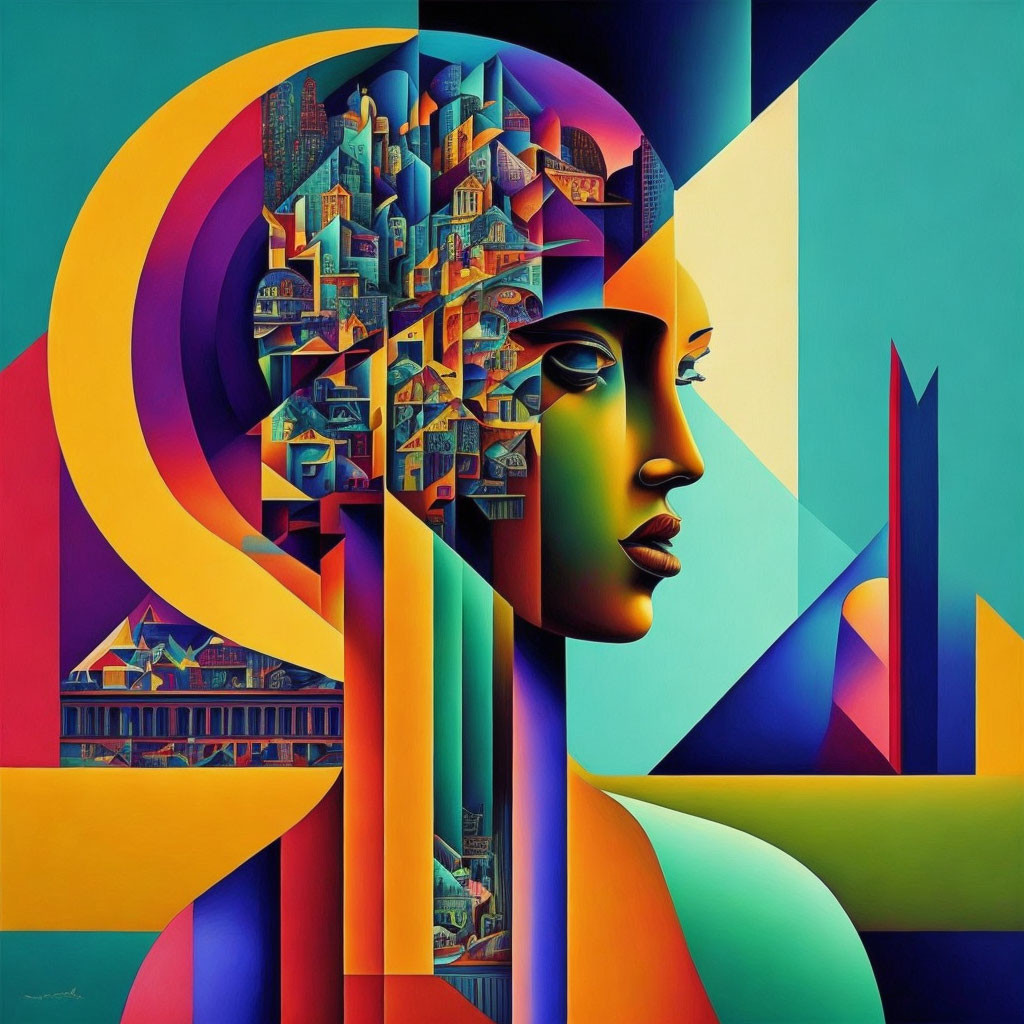 Vibrant digital art: woman's profile with cityscape and geometric backdrop