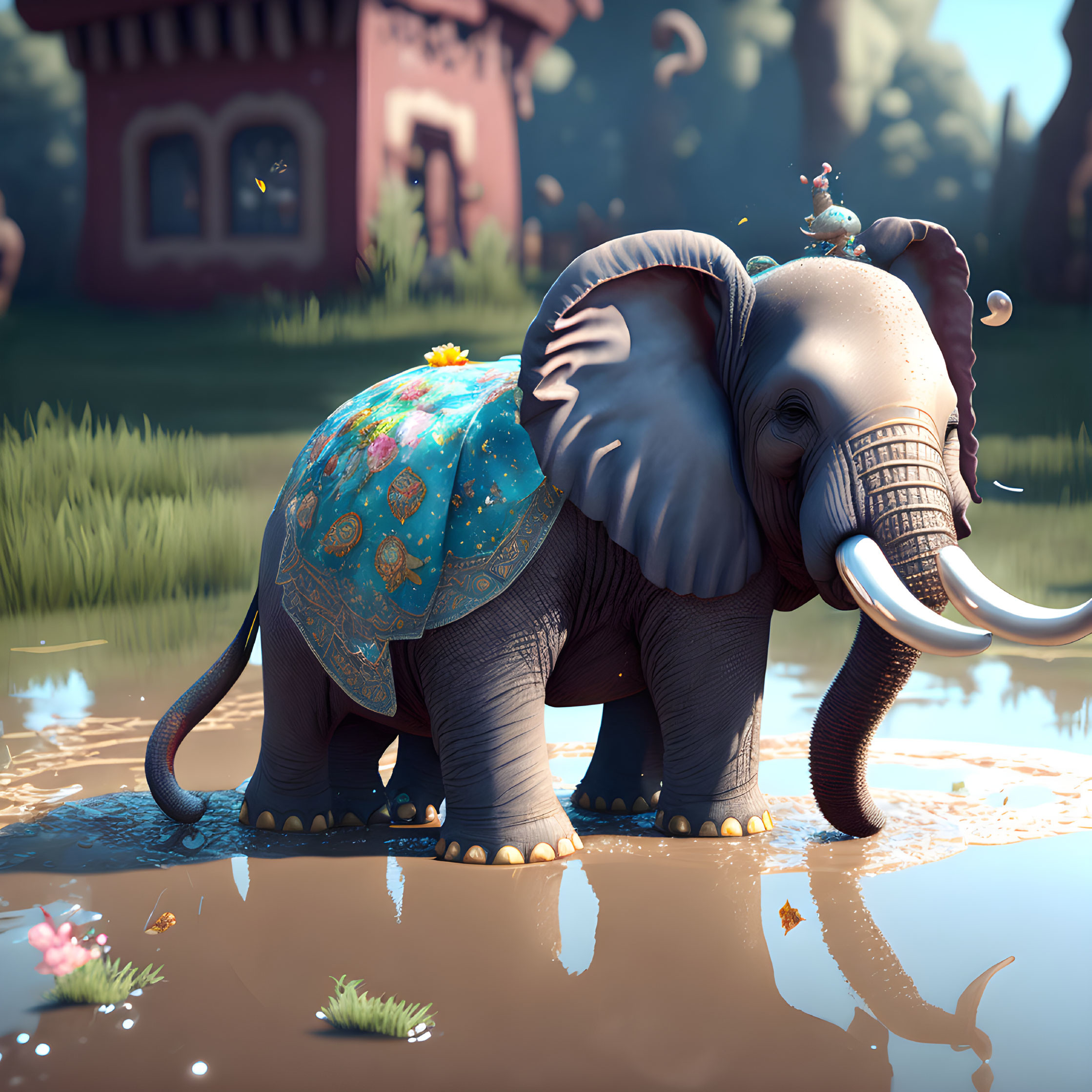 Decorated elephant with blue cloth, bird on back, whimsical house in background.