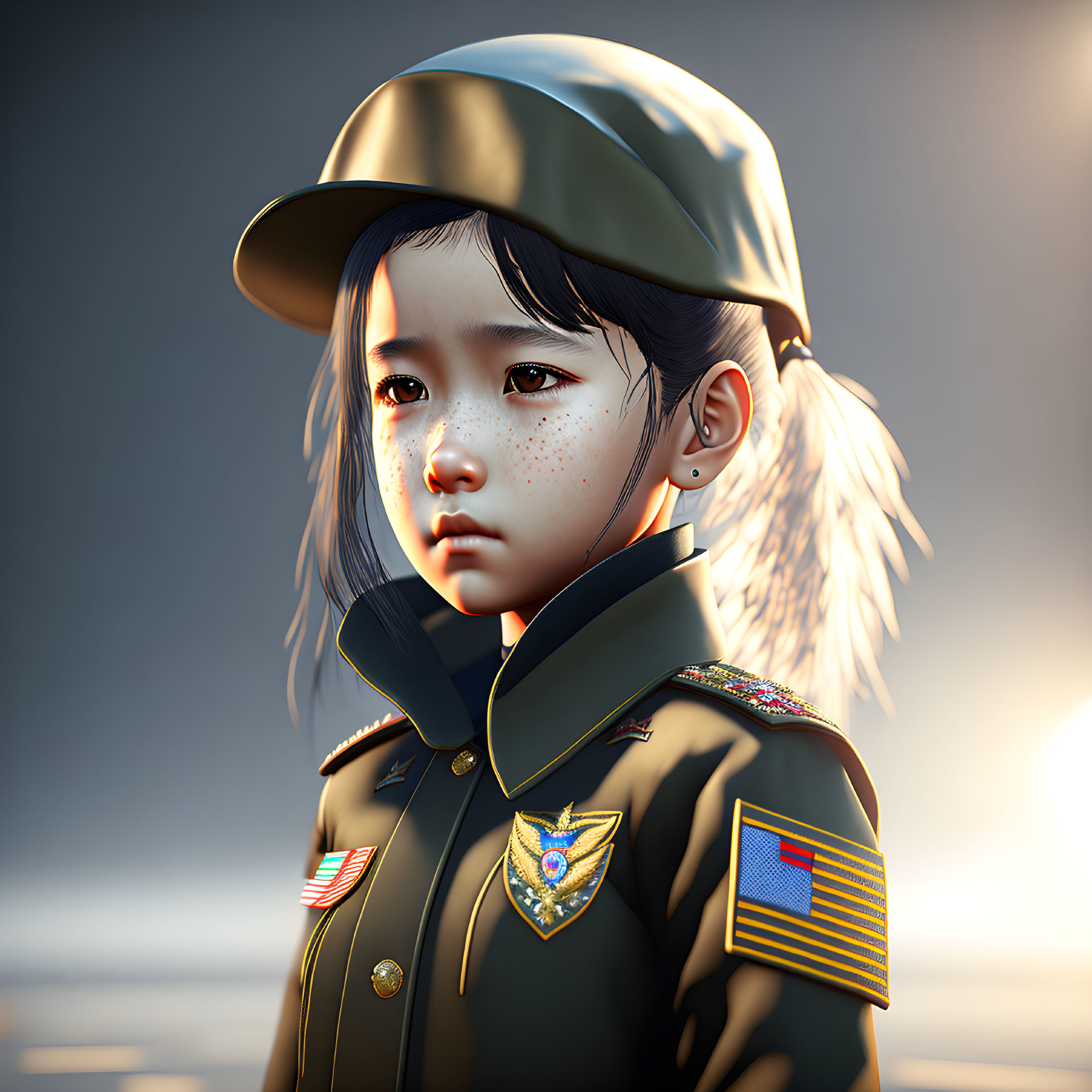 Digital artwork: Young girl in military uniform with badges and eagle insignia