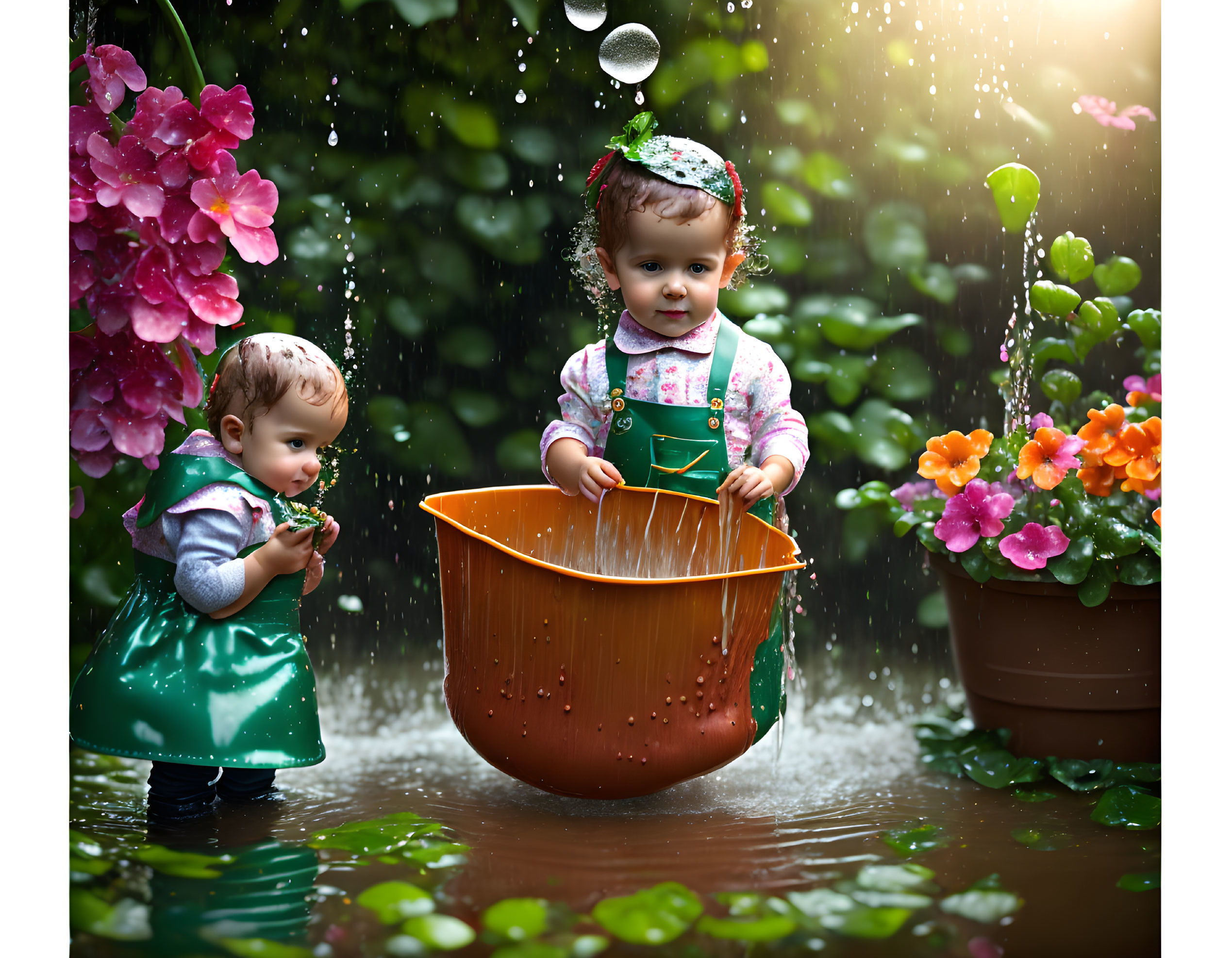 Colorful Apron Toddler with Orange Bowl in Puddle & Blooming Flowers