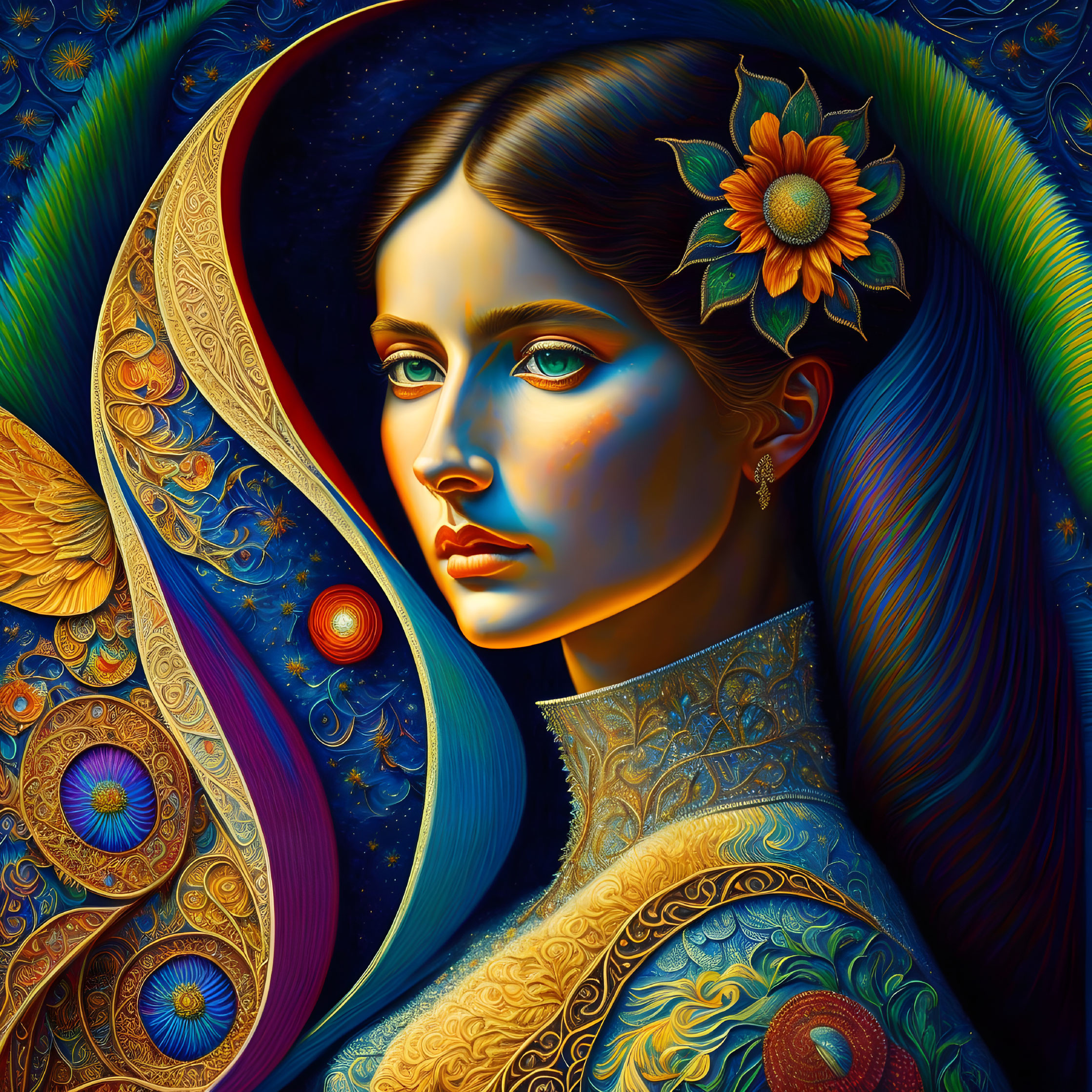 Colorful Woman Portrait with Floral and Celestial Motifs