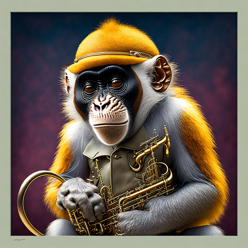 Realistic monkey illustration in vintage outfit with saxophone on dark background