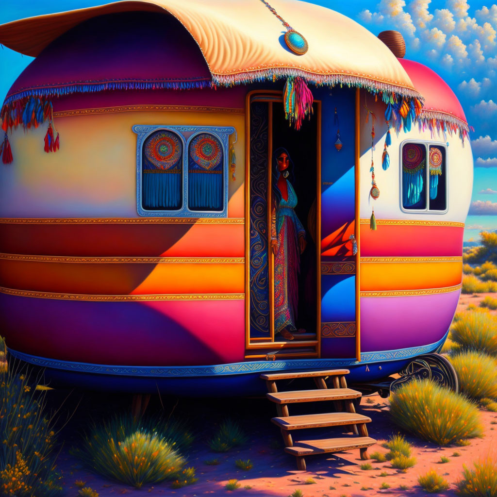 Vibrant desert caravan with woman in flowing dress amid colorful flora