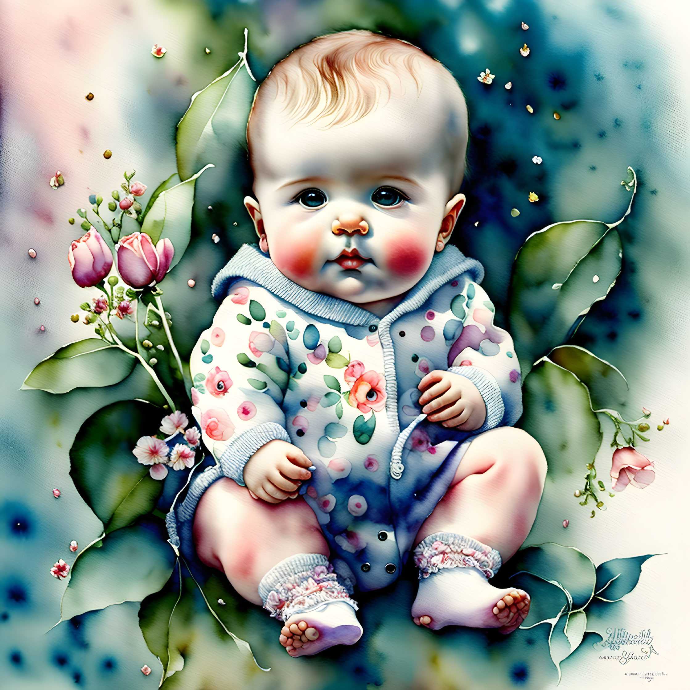 Baby illustration with blond hair in blue onesie among flowers