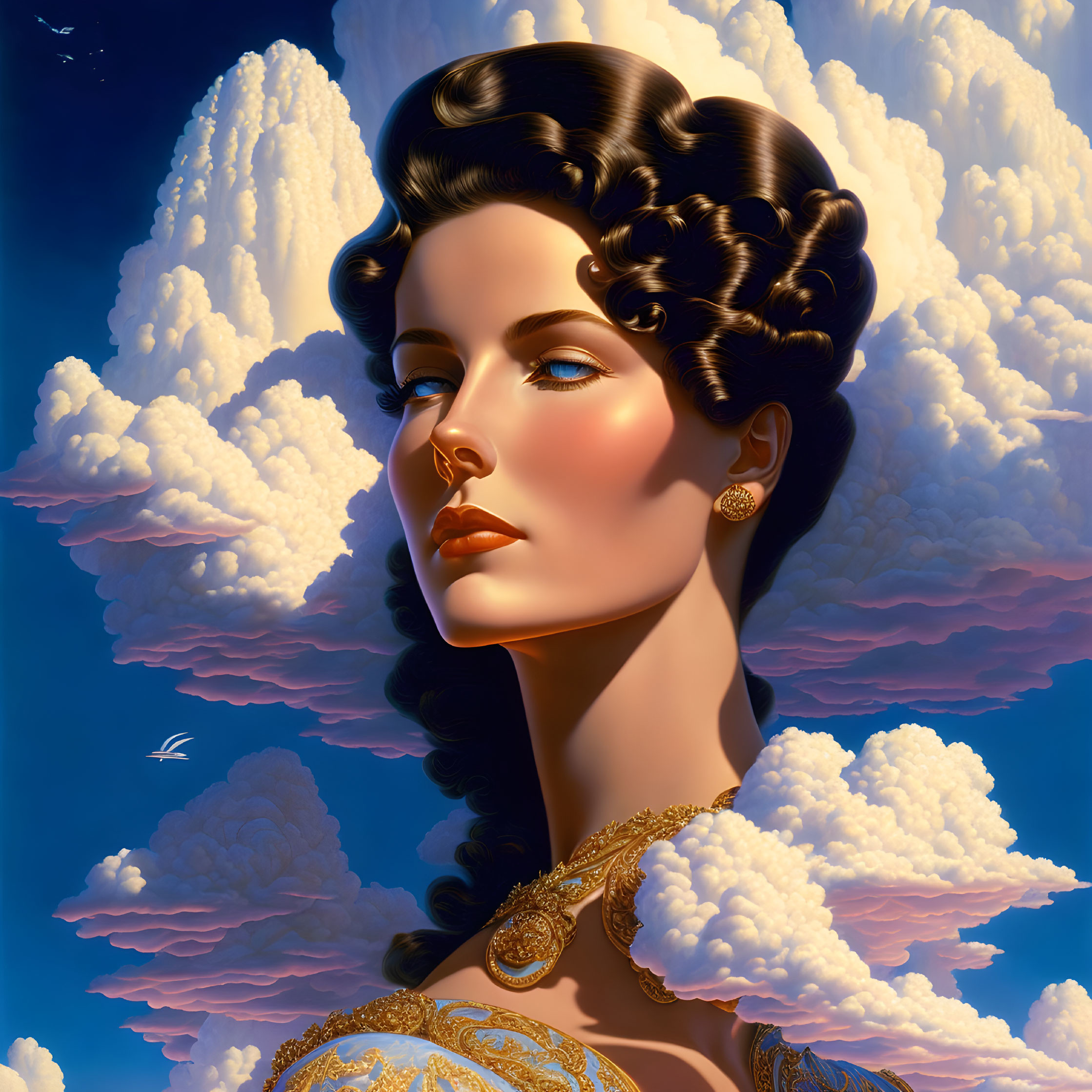 Digital art portrait of woman with vintage hairstyle, golden earrings, and necklace against cloudy sky.