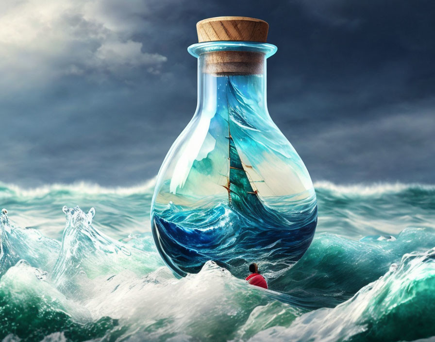 Surreal ship in bottle sails on sea with observer amid waves