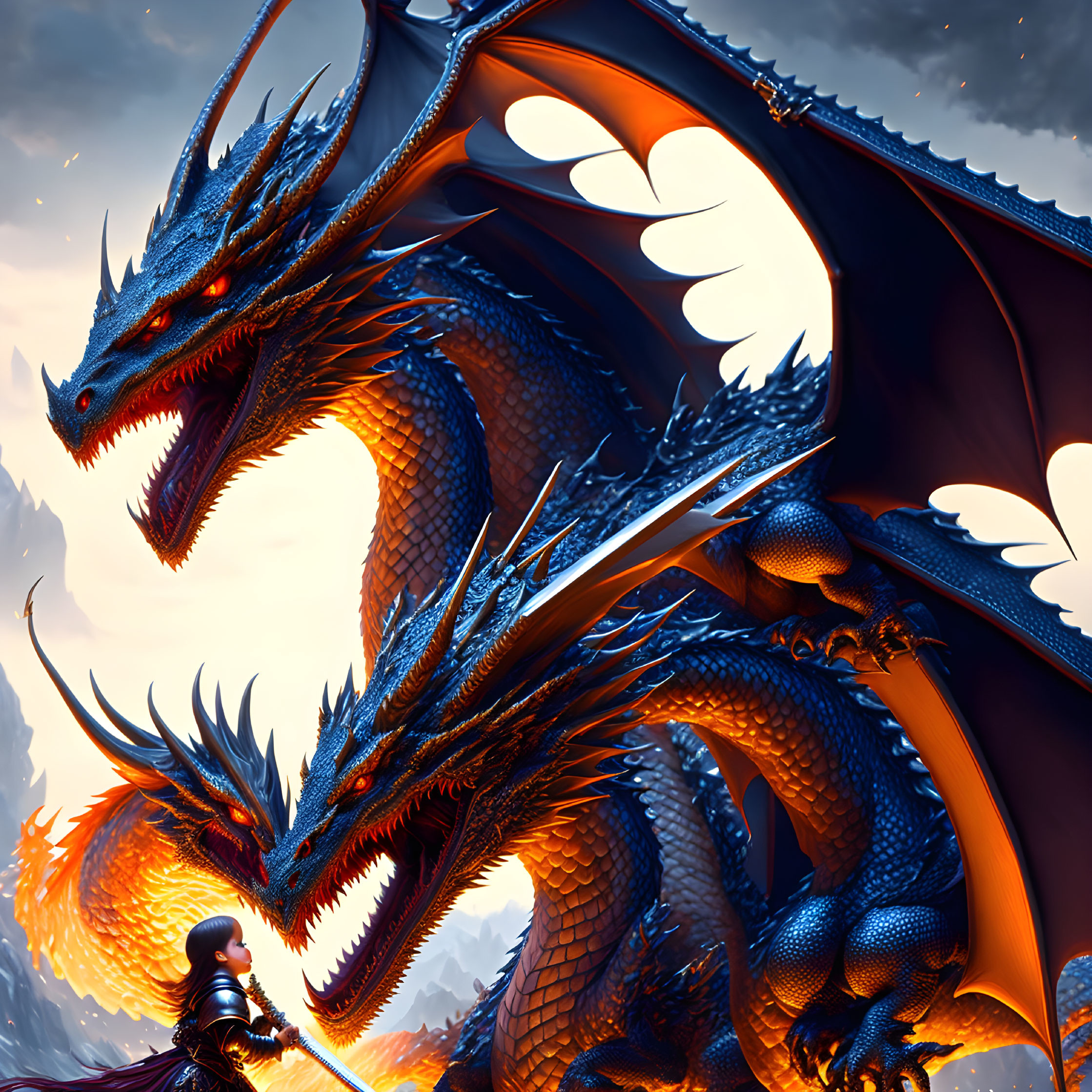 Three Blue Dragons in Fiery Sky Fantasy Scene