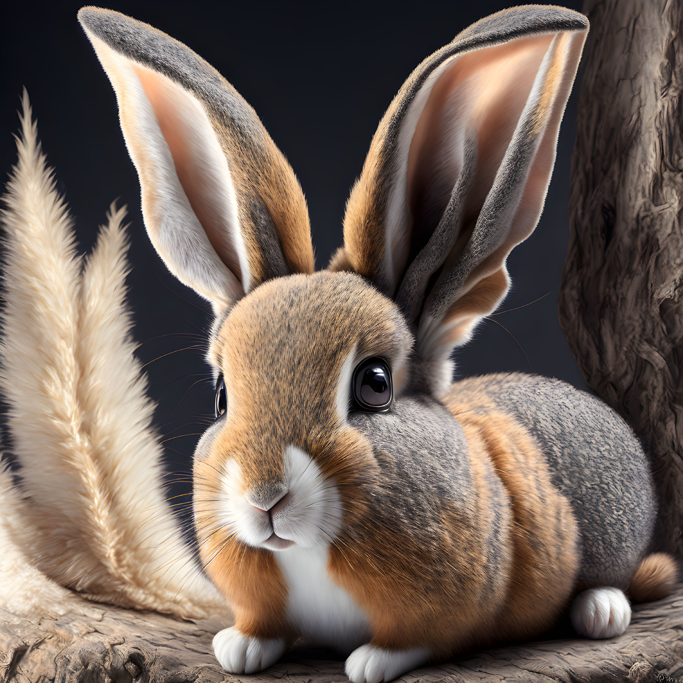 Detailed Brown and White Rabbit Illustration Resting by Tree