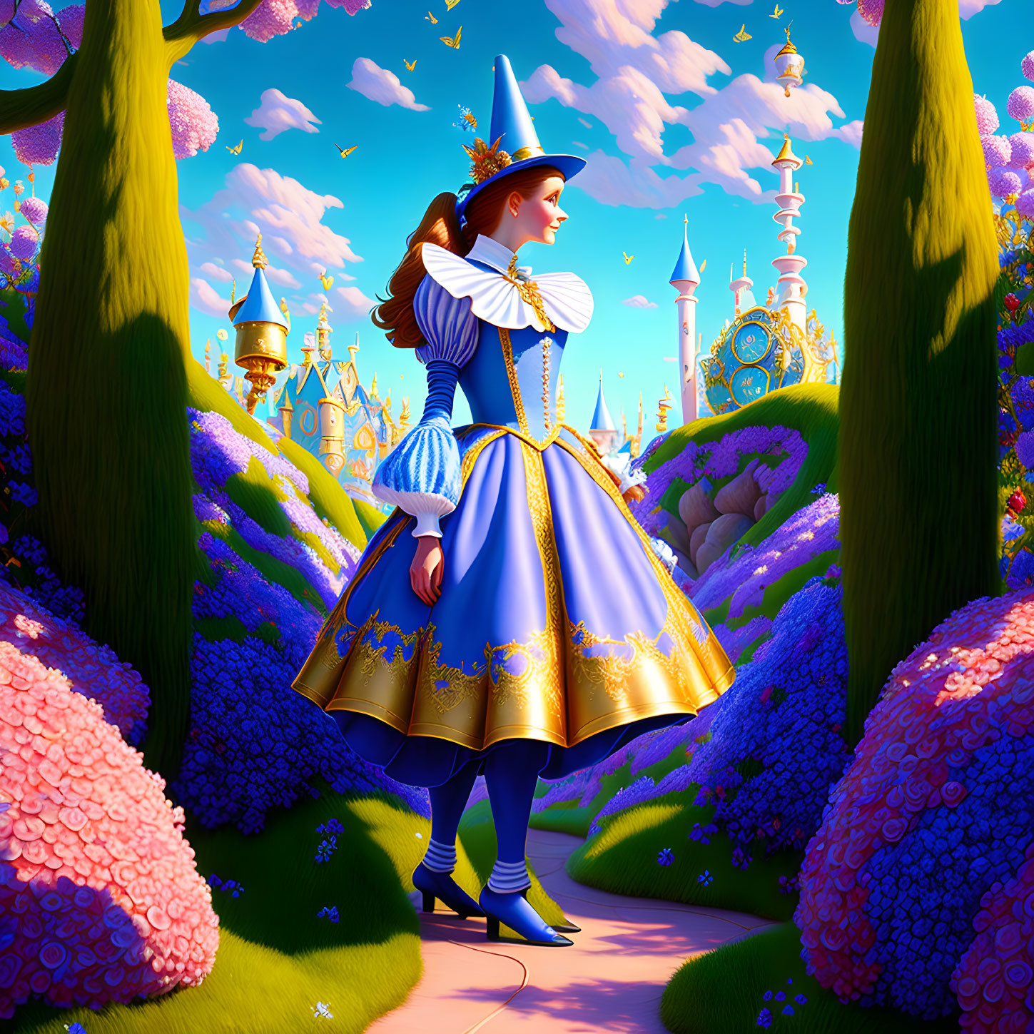 Colorful illustration: Woman in royal blue and gold dress in fantasy garden.