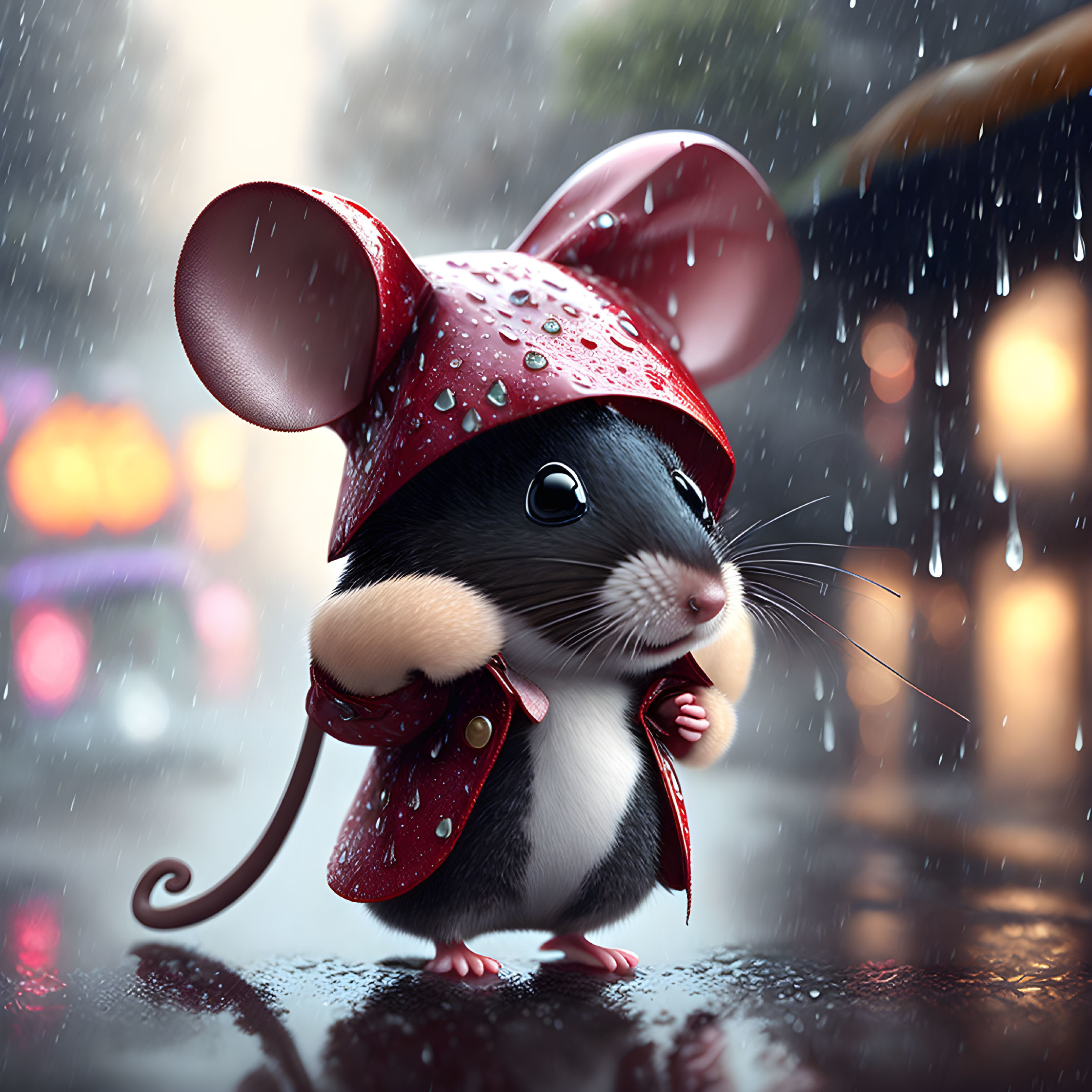 Animated mouse in red raincoat and hat in rain with city background