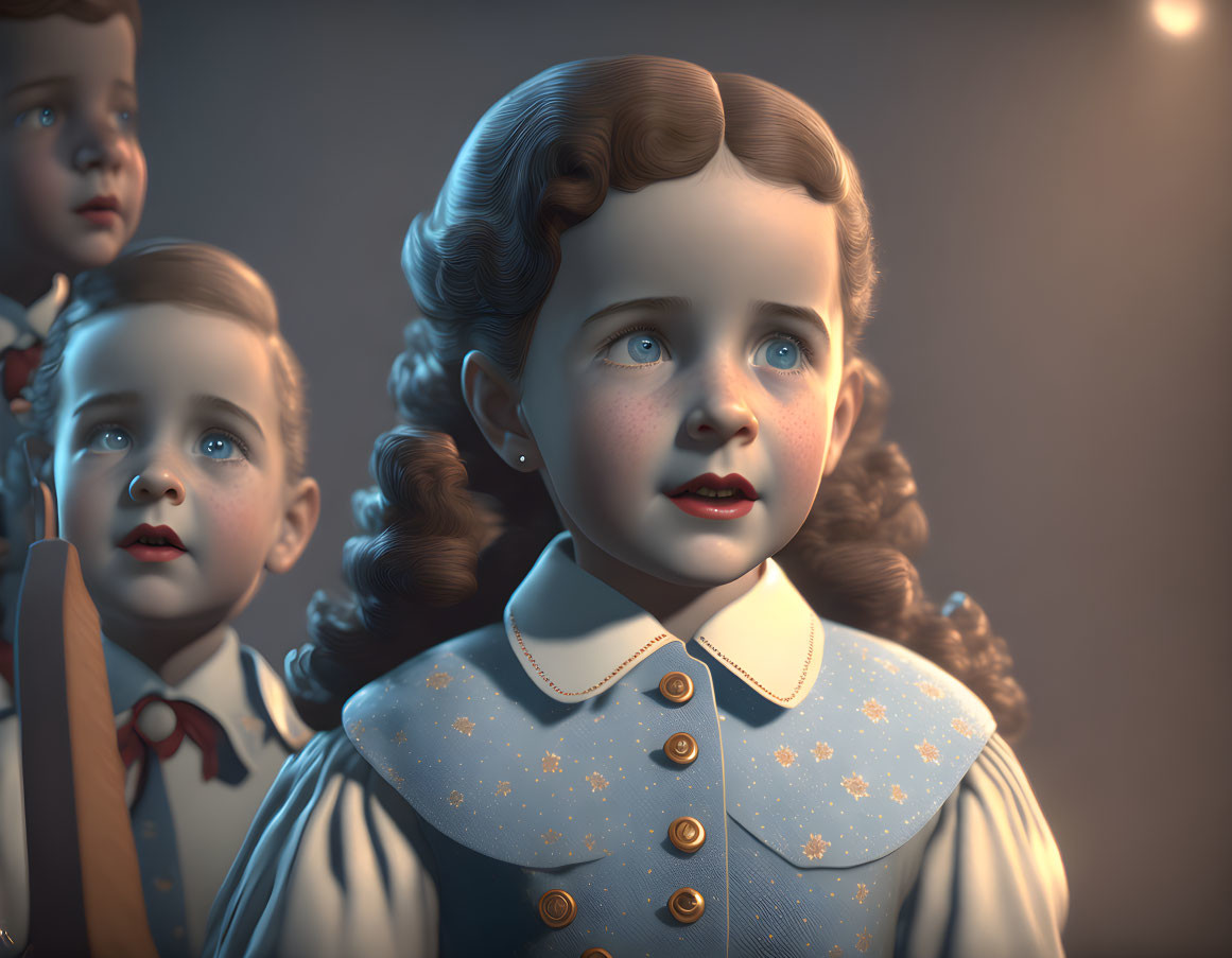 Vintage-style animated children with detailed expressions and 1940s clothing in a curious pose.