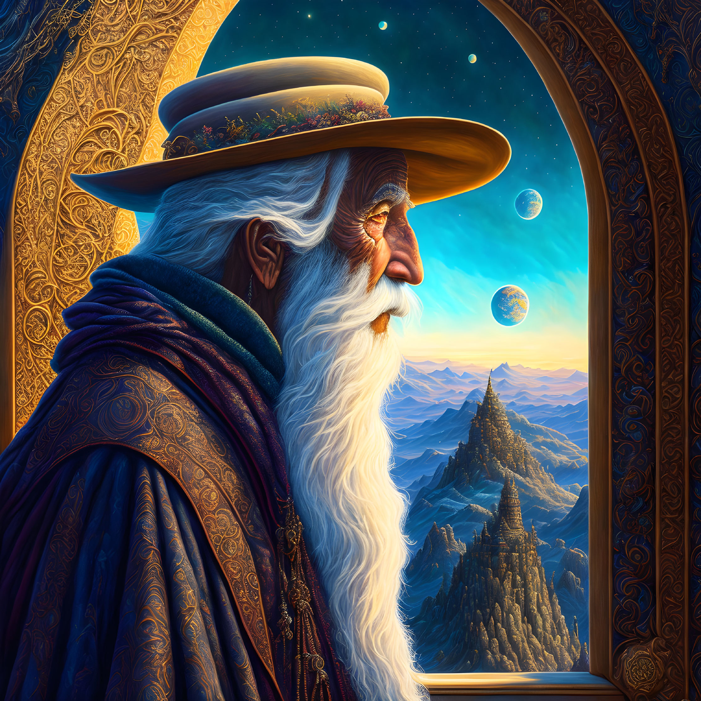 Bearded wizard in blue cloak gazes at starry sky and mountains