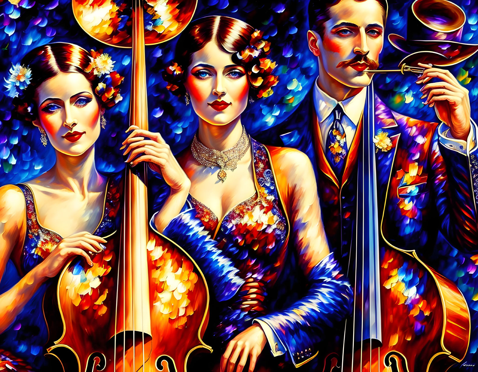 Colorful Art Deco Painting of Two Women and Man with Musical Instruments