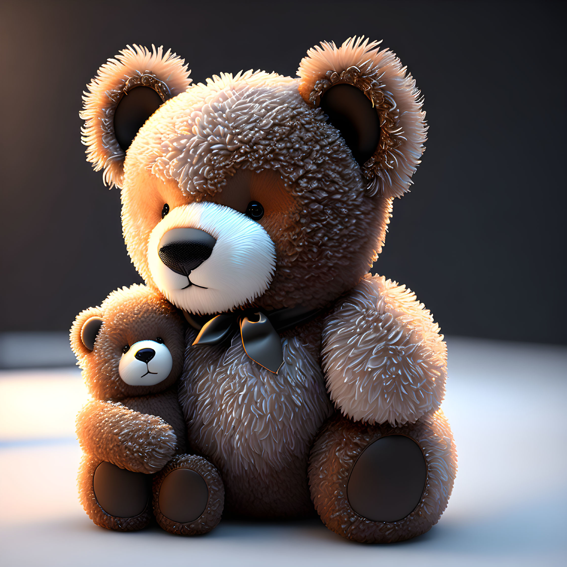 Fluffy teddy bear with smaller bear in soft light