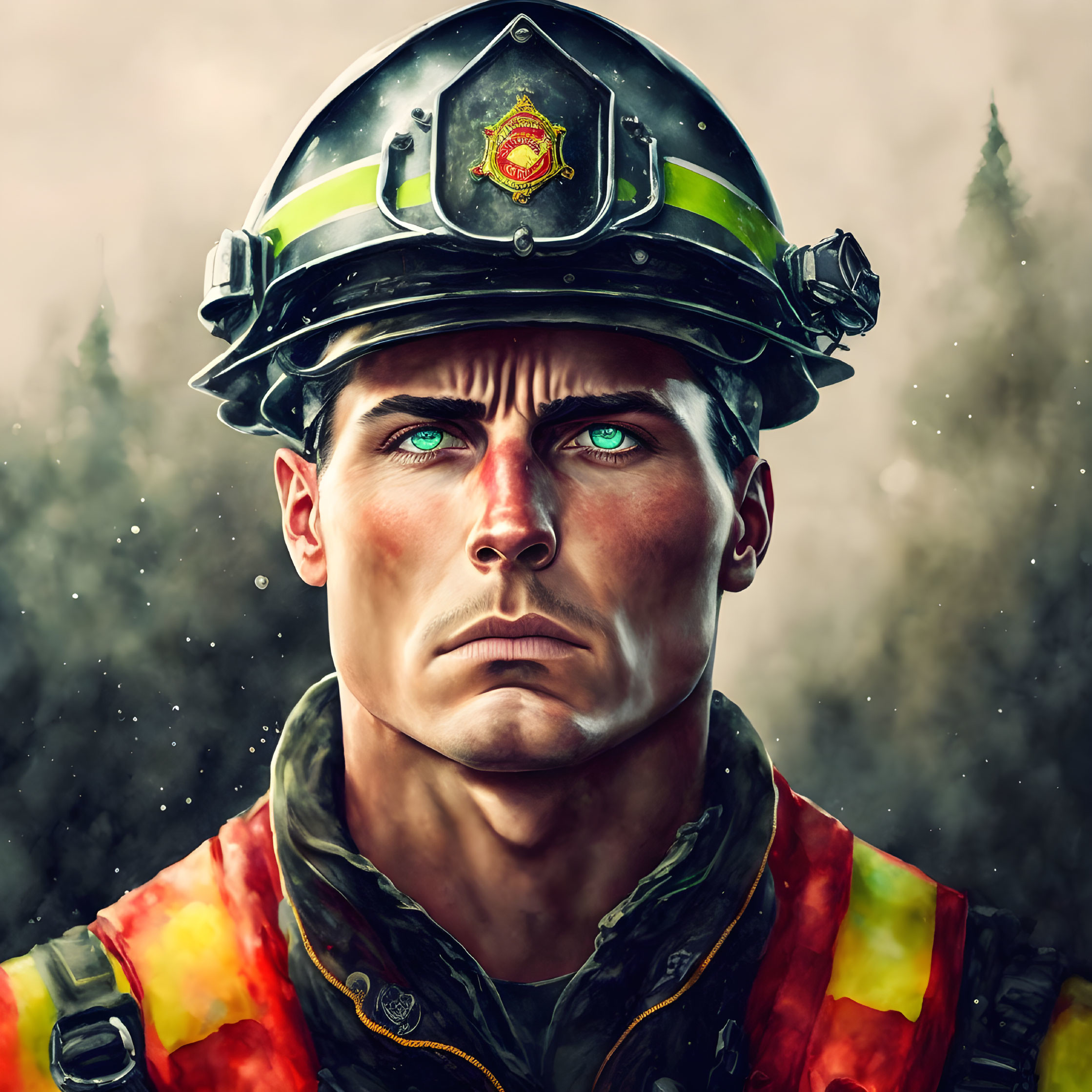 Close-up Portrait of Firefighter with Green Eyes in Uniform