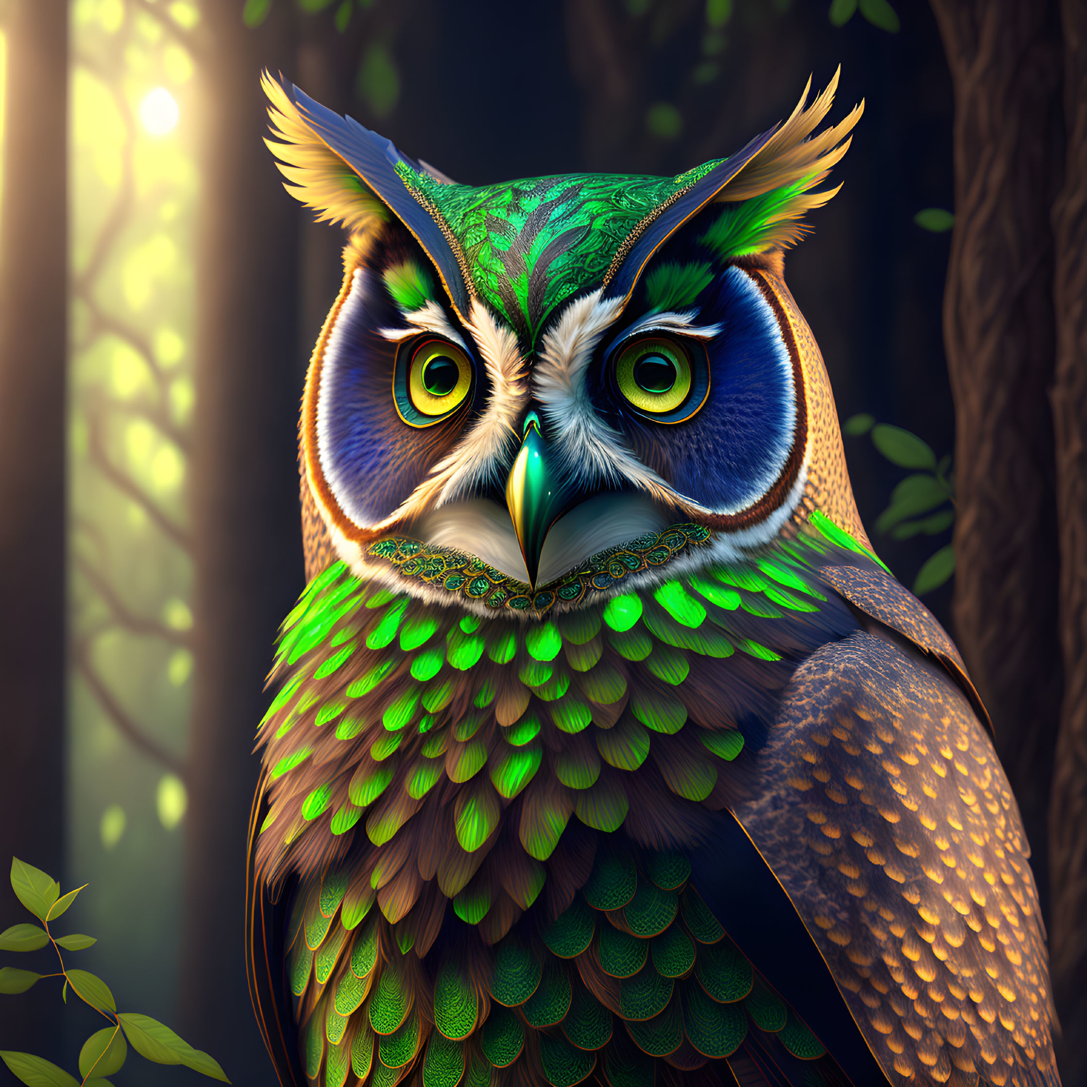 Colorful Owl Artwork in Enchanted Forest