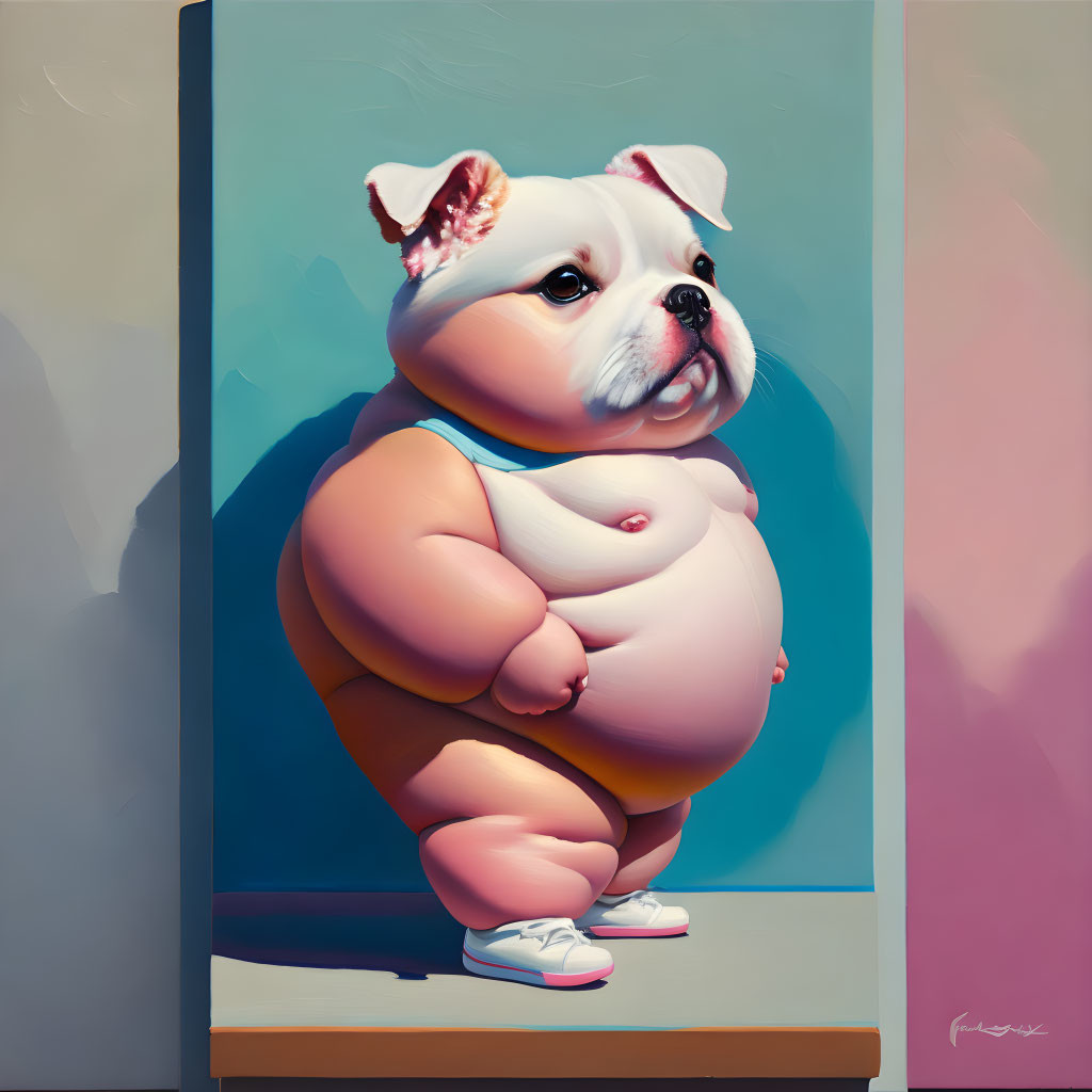 Chubby Dog in White Sneakers on Pastel Background