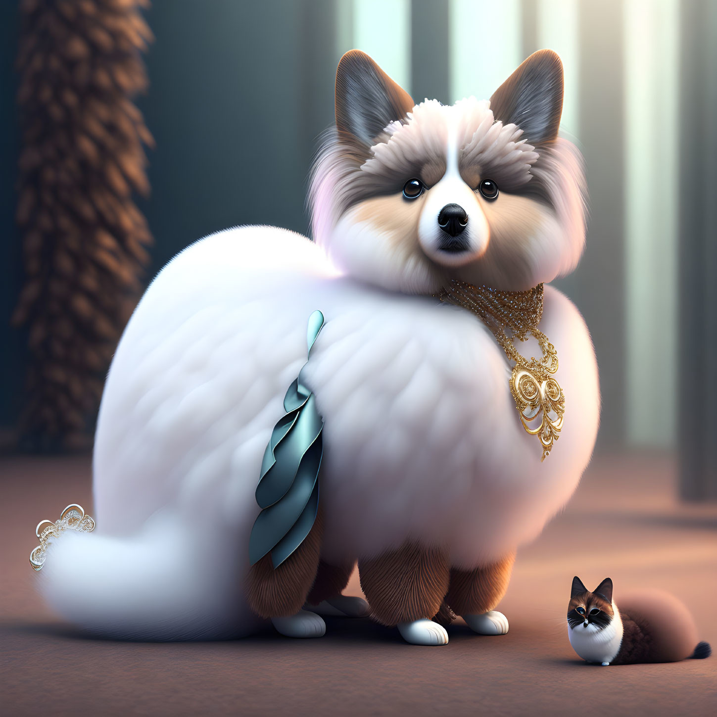 Fantasy-themed image: Fluffy corgi with jewelry and peacock feather, tiny kitten in