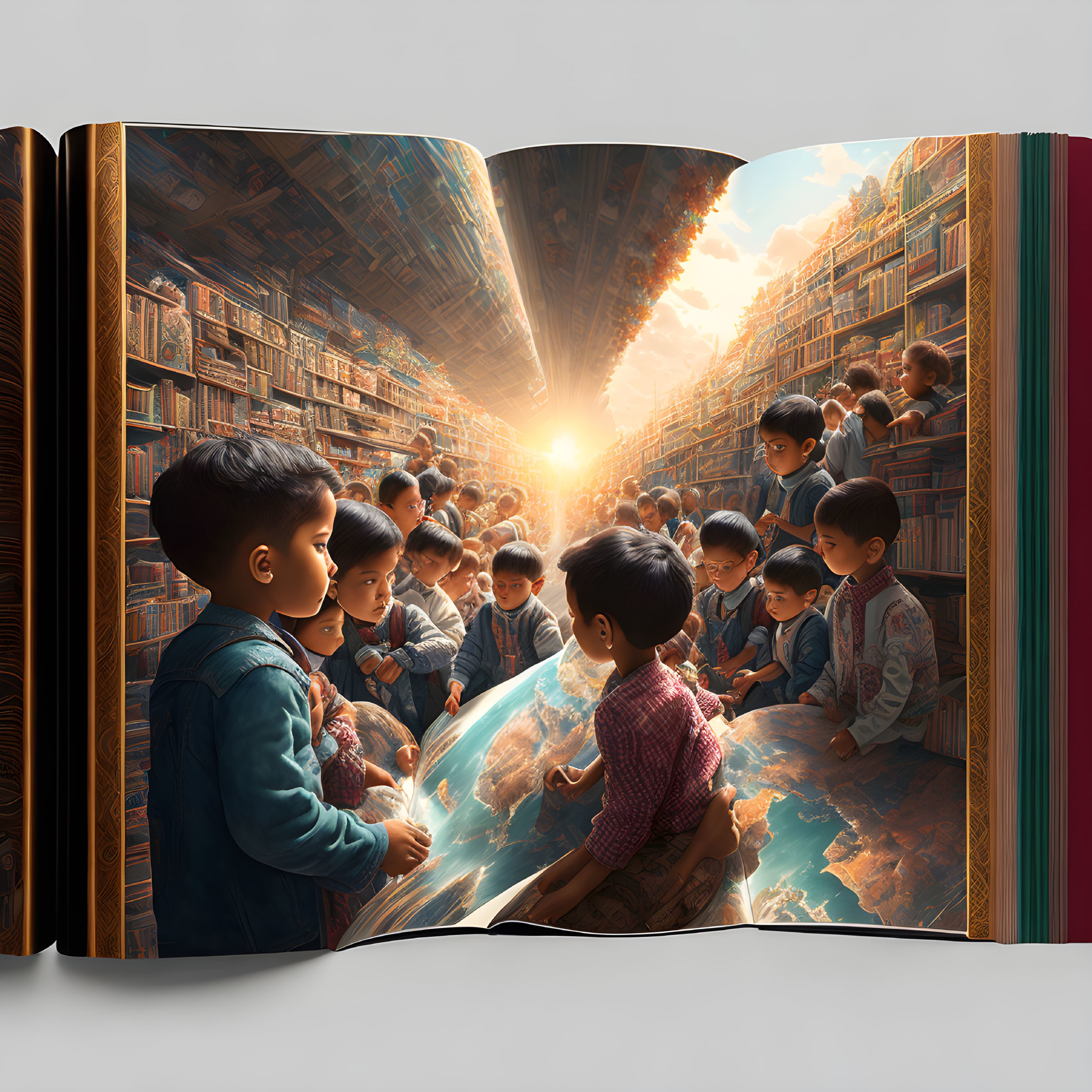 Children in library with magical globe and sunrise scene in open book