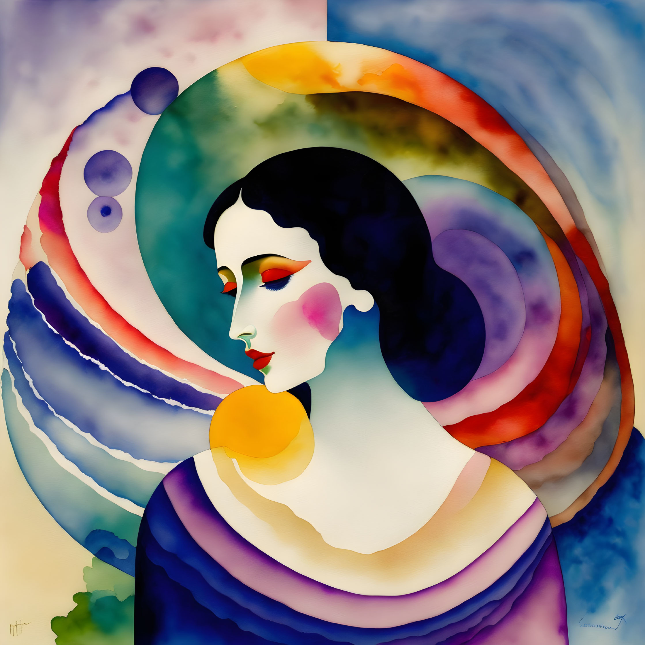 Abstract painting of woman with rainbow halo-like patterns