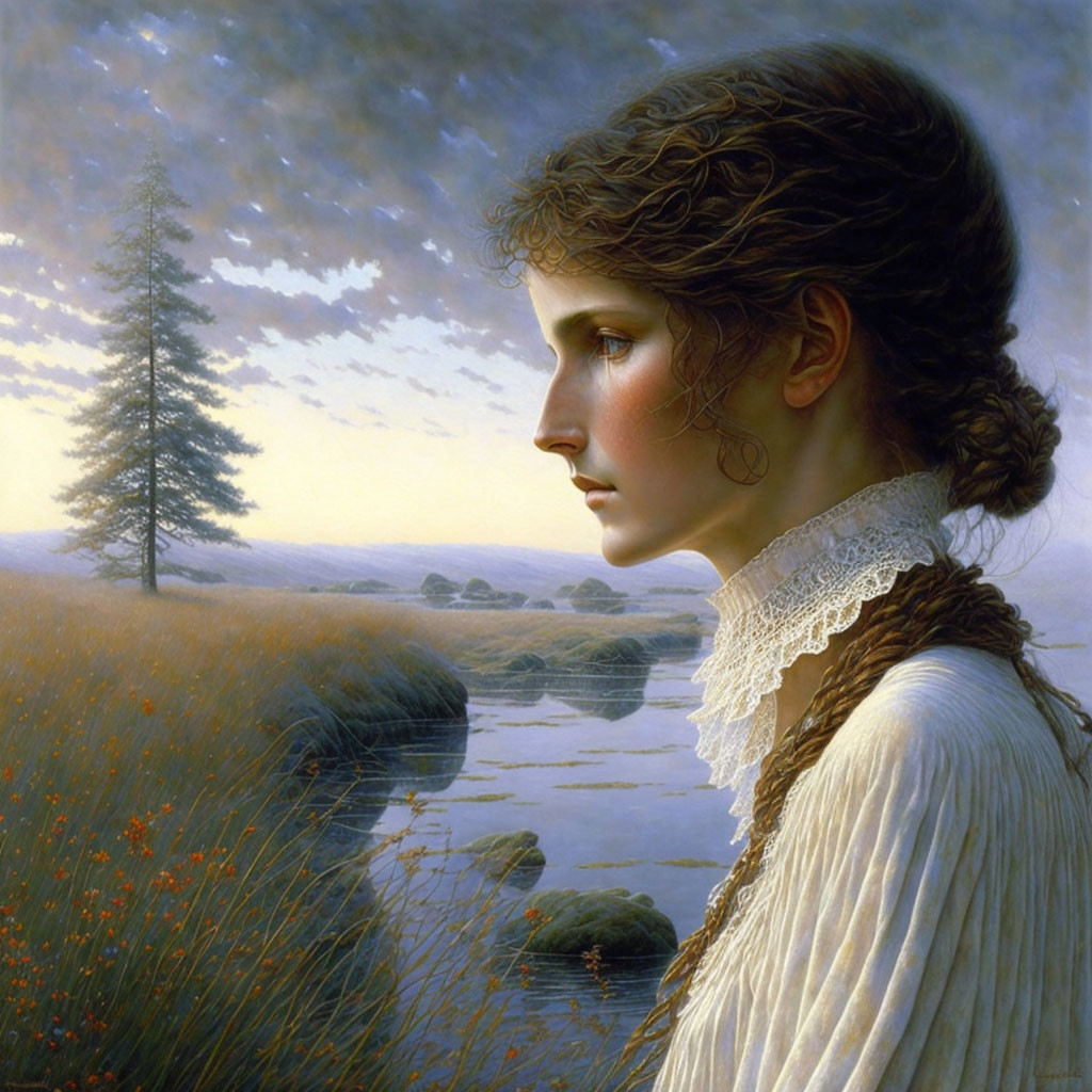 Woman with Curly Hair in Profile Overlooking Serene Landscape