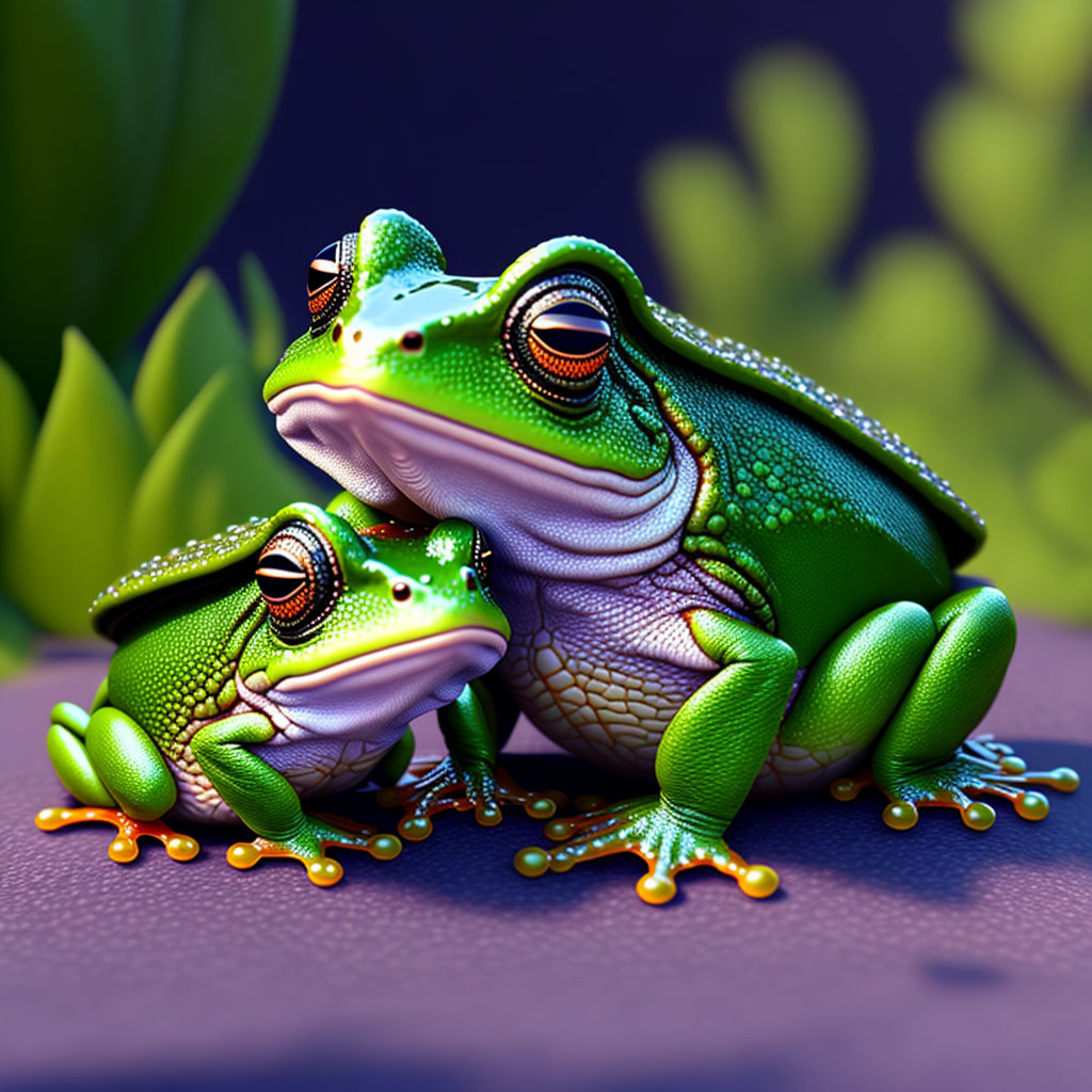 Two green frogs with orange eyes on purple background with foliage