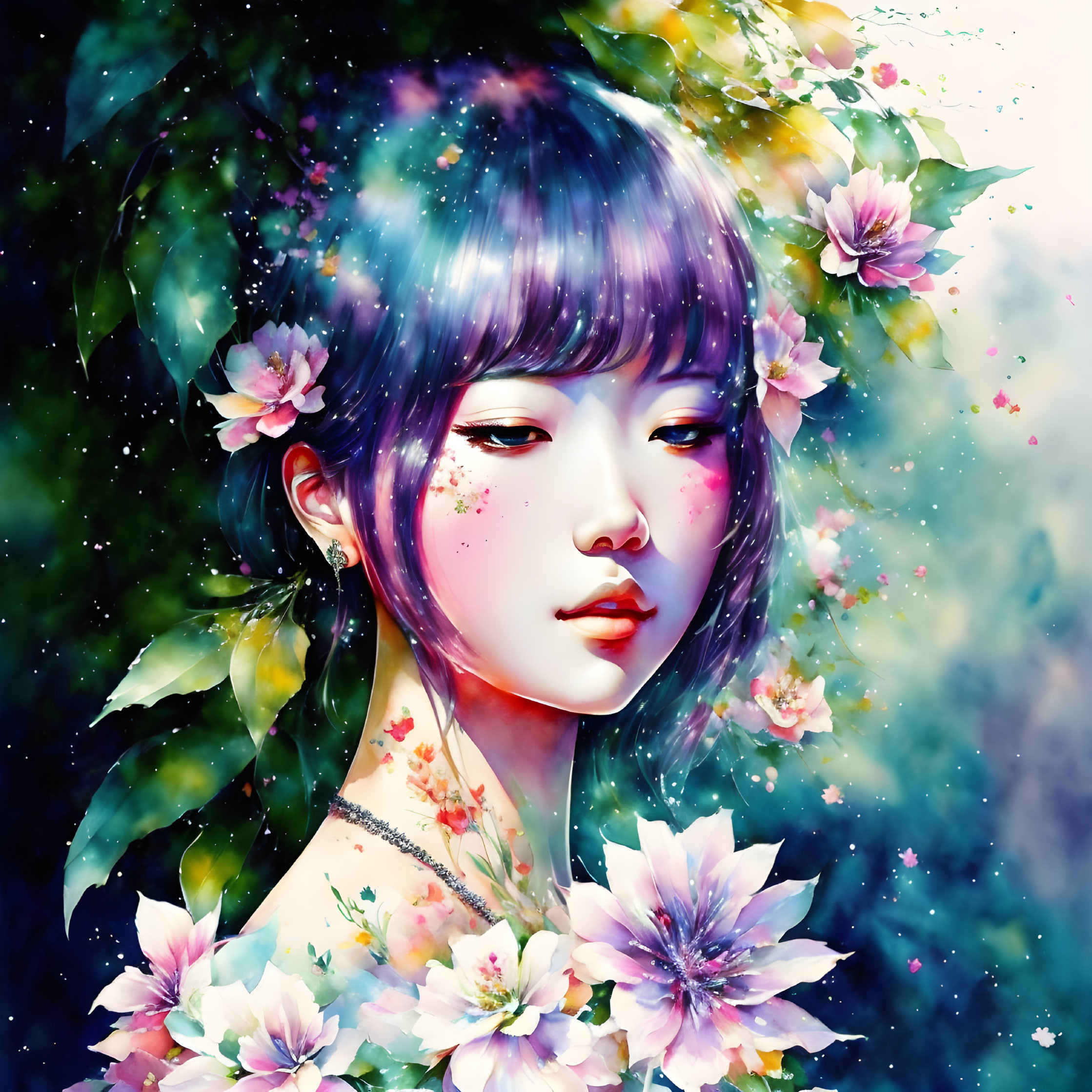 Purple-haired woman in floral fantasy illustration