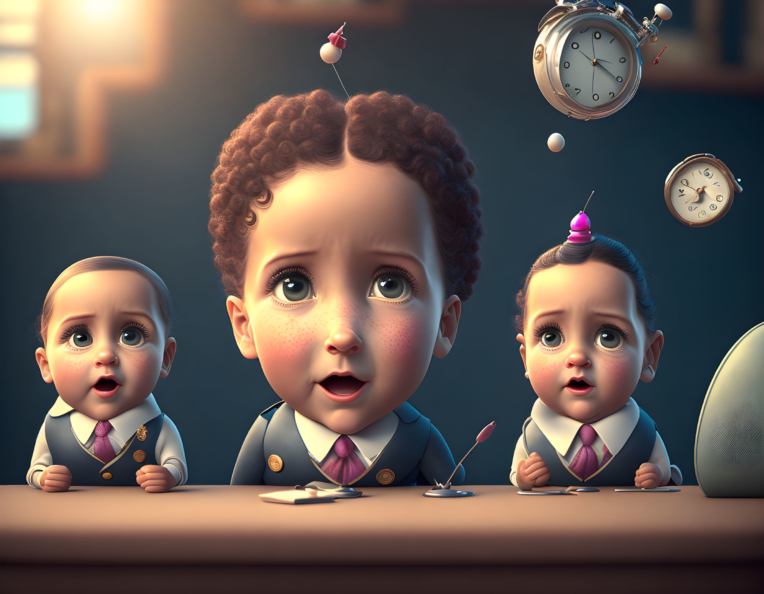 Three animated babies with different expressions, alarm clocks, and cupcake on table