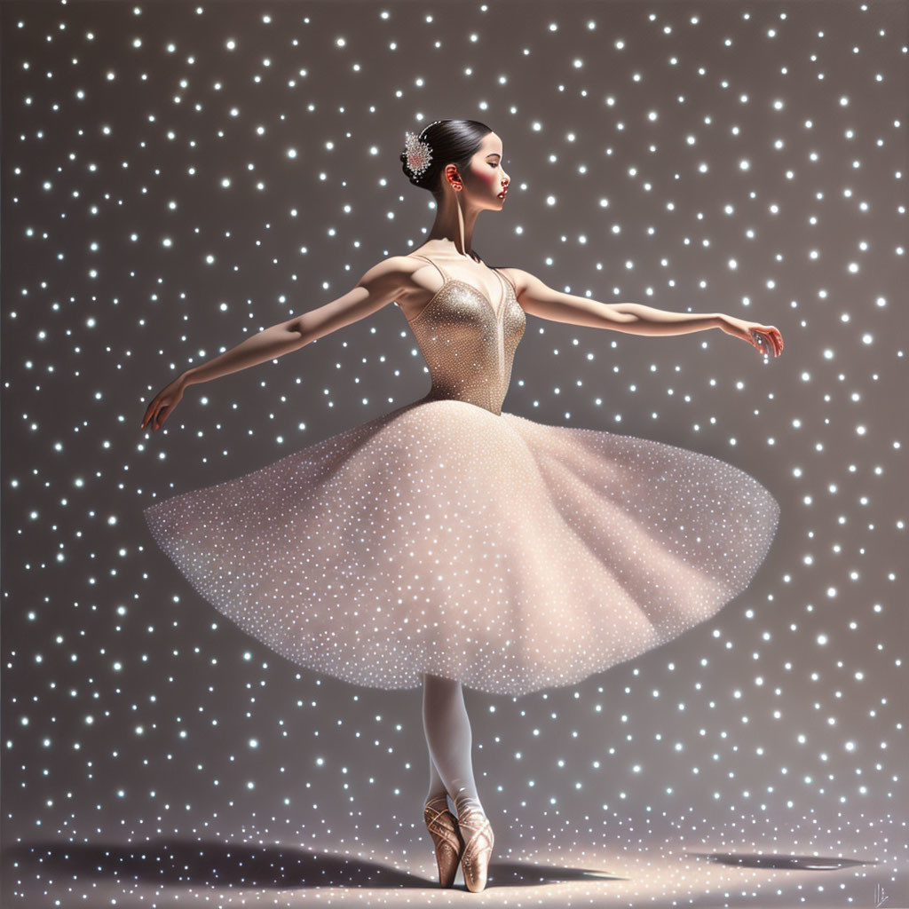 Ballerina in Glittering Tutu and Pointe Shoes on Stage