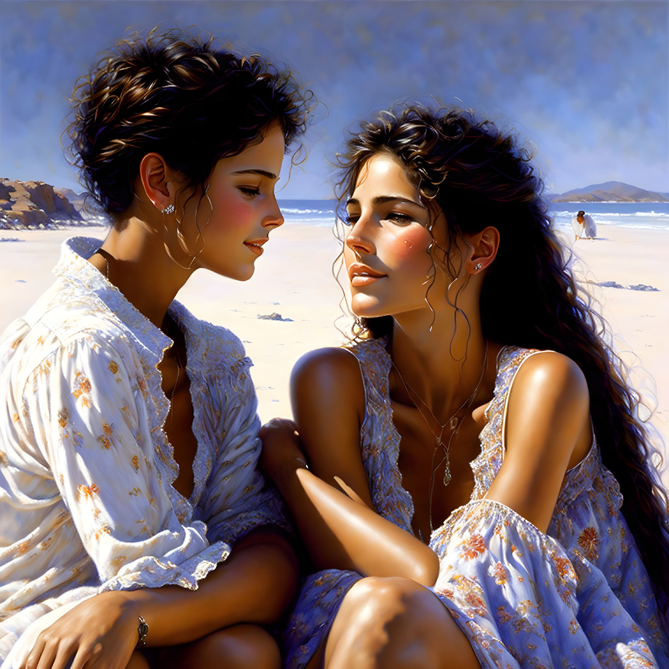 Two women in white dresses on sunny beach, sharing a tender moment.