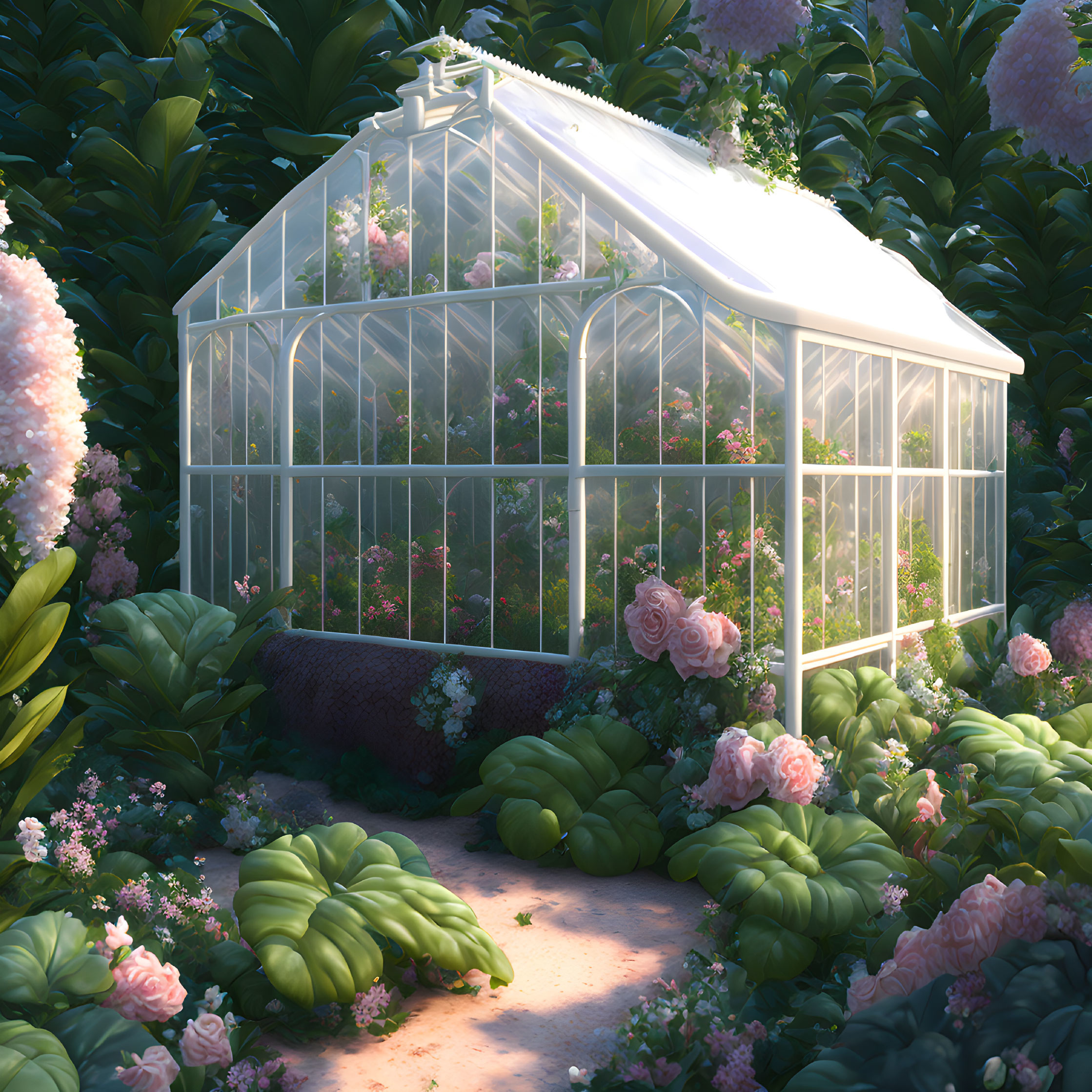 Glass Greenhouse Surrounded by Pink Flowers in Serene Garden