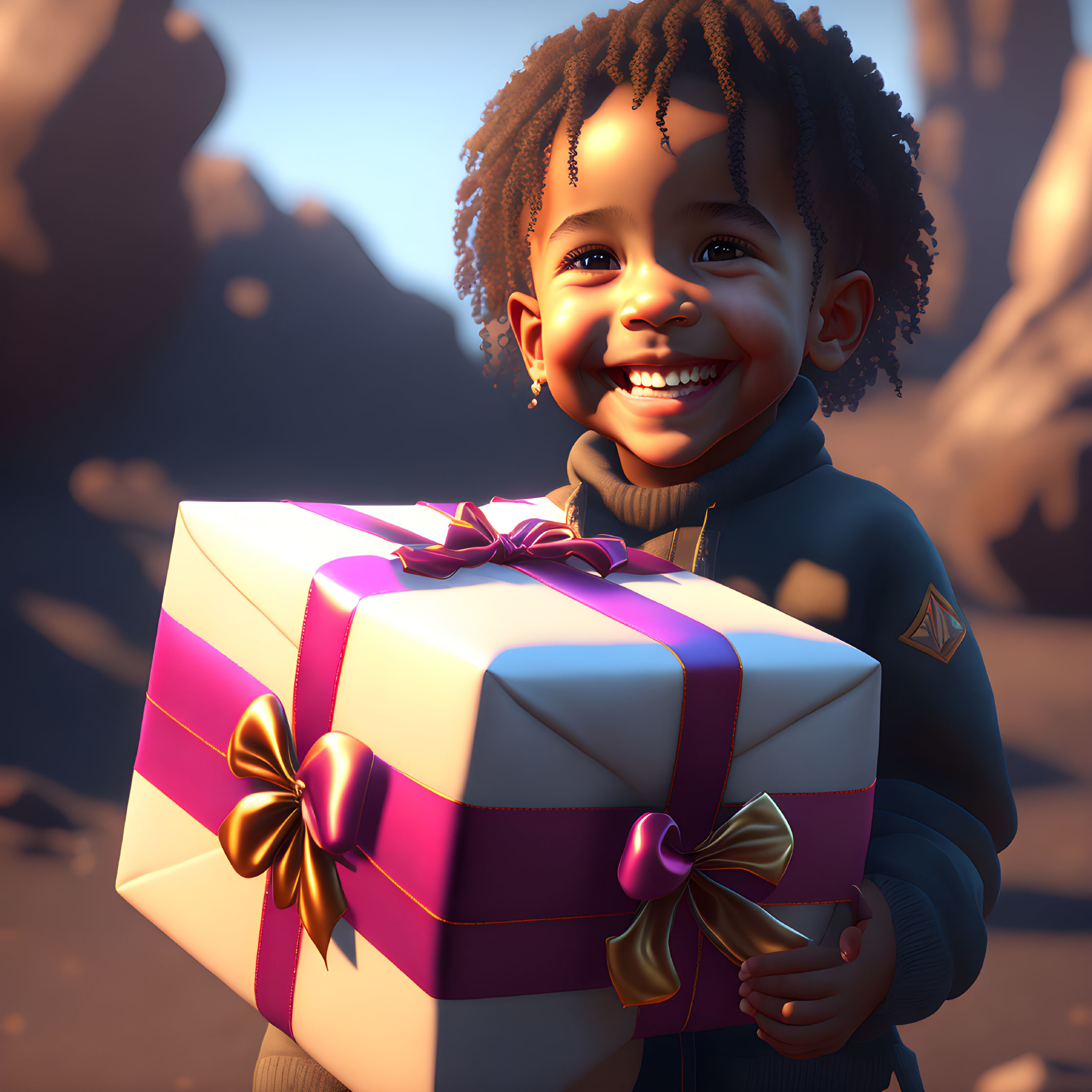 Animated child holding large gift outdoors with rocks.