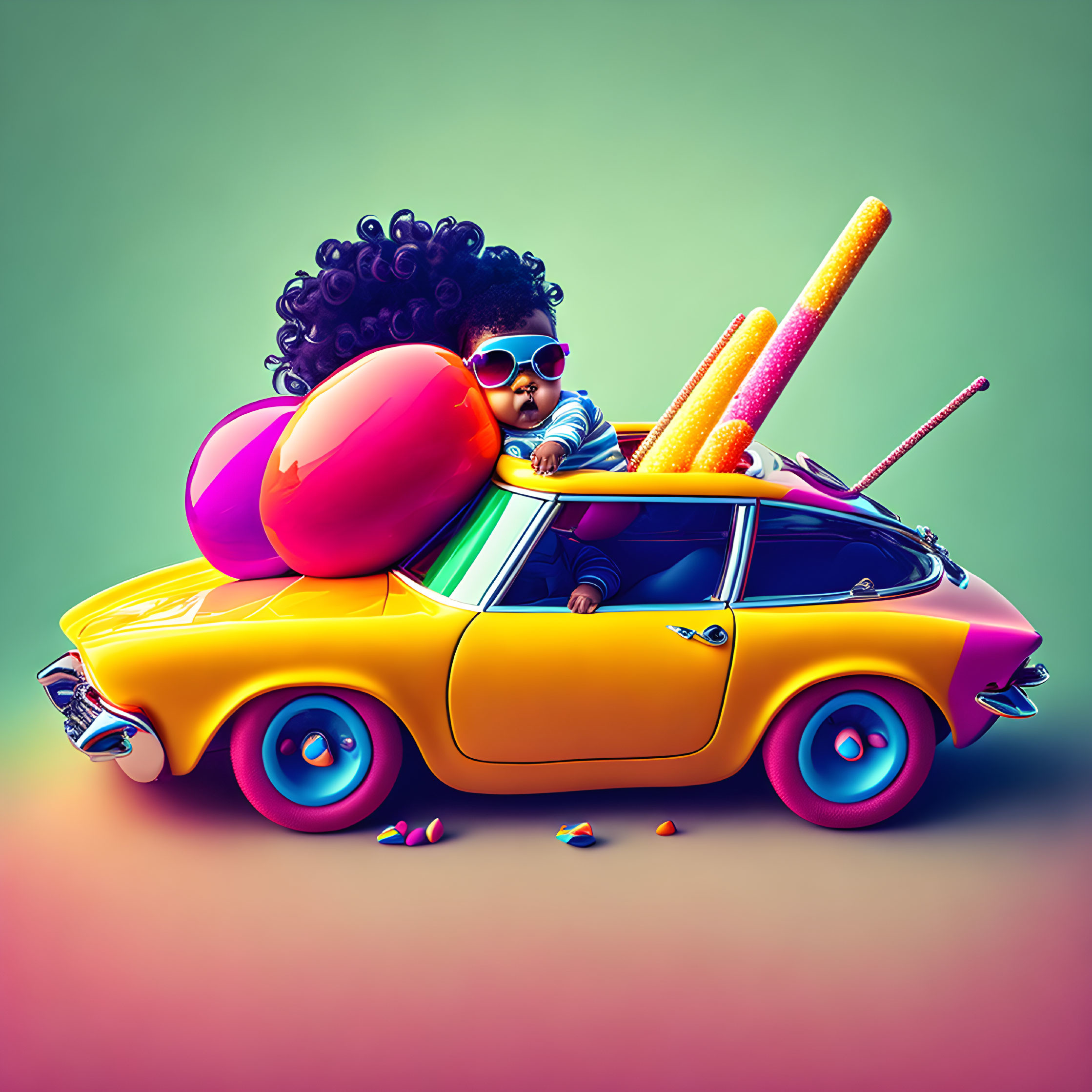 Vibrant child in oversized sunglasses driving yellow vintage car full of colorful candy.