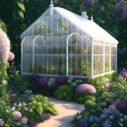 Glass Greenhouse Surrounded by Pink Flowers in Serene Garden