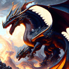 Three Blue Dragons in Fiery Sky Fantasy Scene