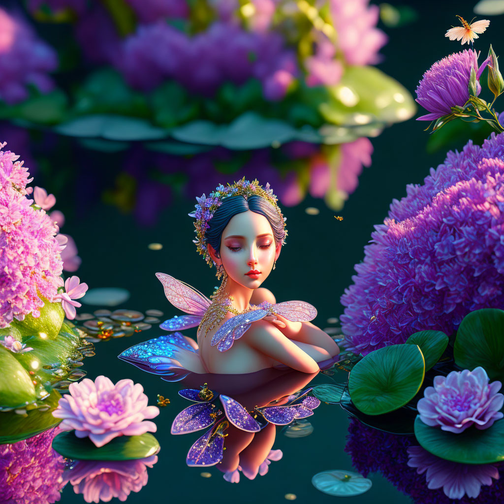 Serene fairy with translucent wings among pink blooms and lily pads on dark water surface