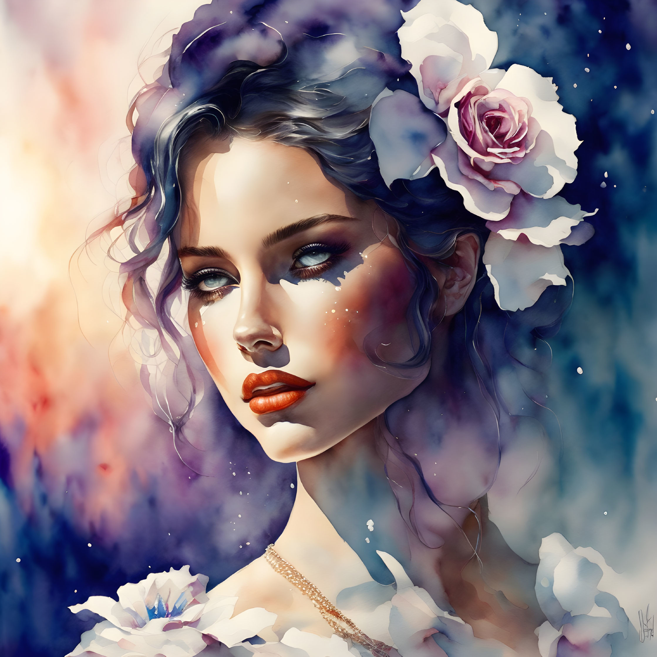 Woman with Flowered Hair in Cosmic Background, Blues, Whites, Reds