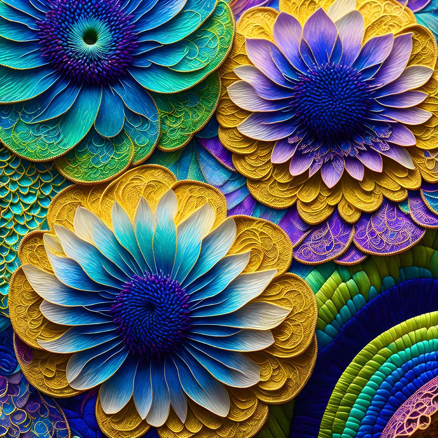 Colorful Layered Paper Art of Vibrant Flowers in Blue, Yellow, and Purple