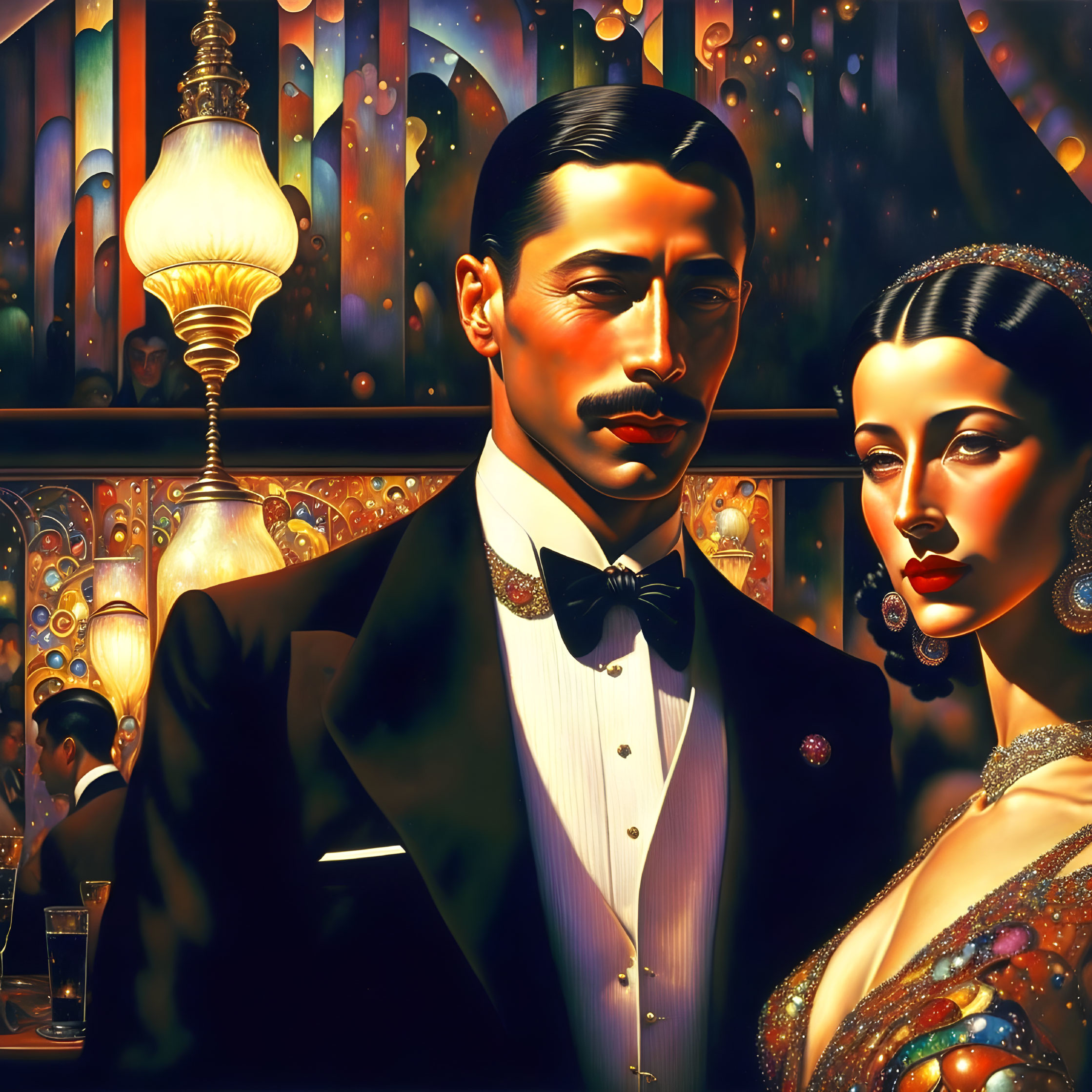 1920s-style elegant couple in formal evening wear at vibrant party