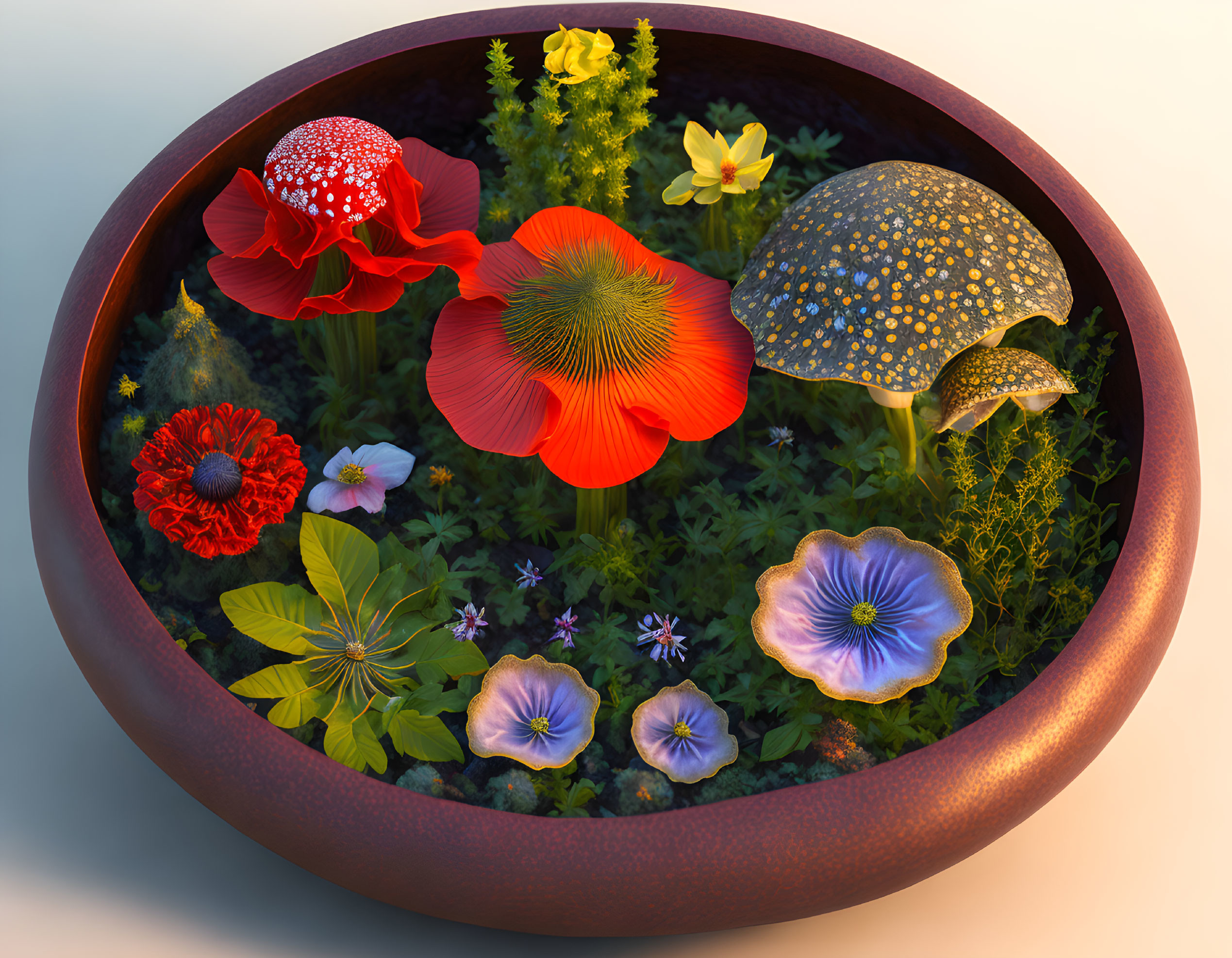 Colorful Flower and Mushroom Display in Terracotta Pot with Sunlight