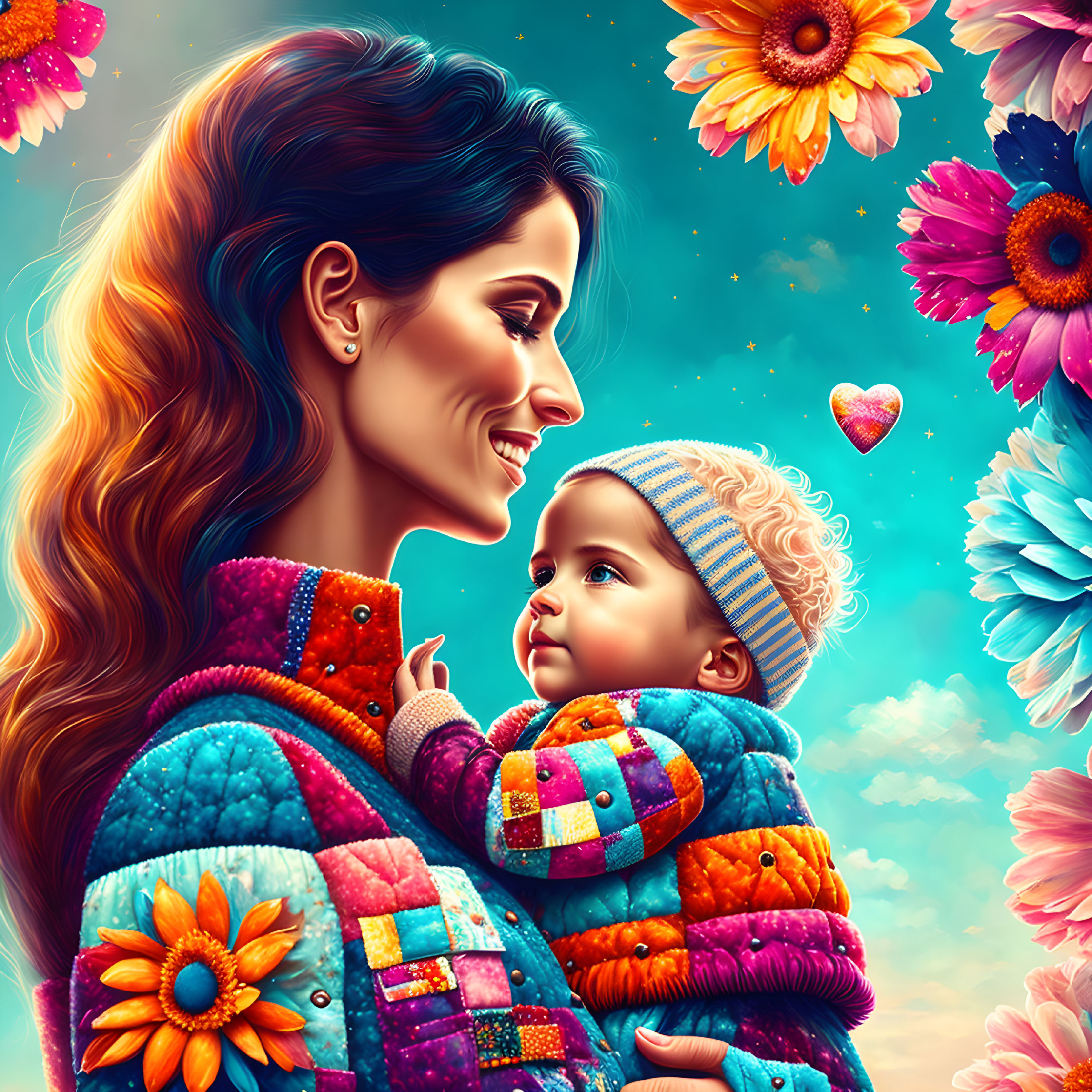 Colorful illustration: Smiling woman with baby, flowers, heart balloon