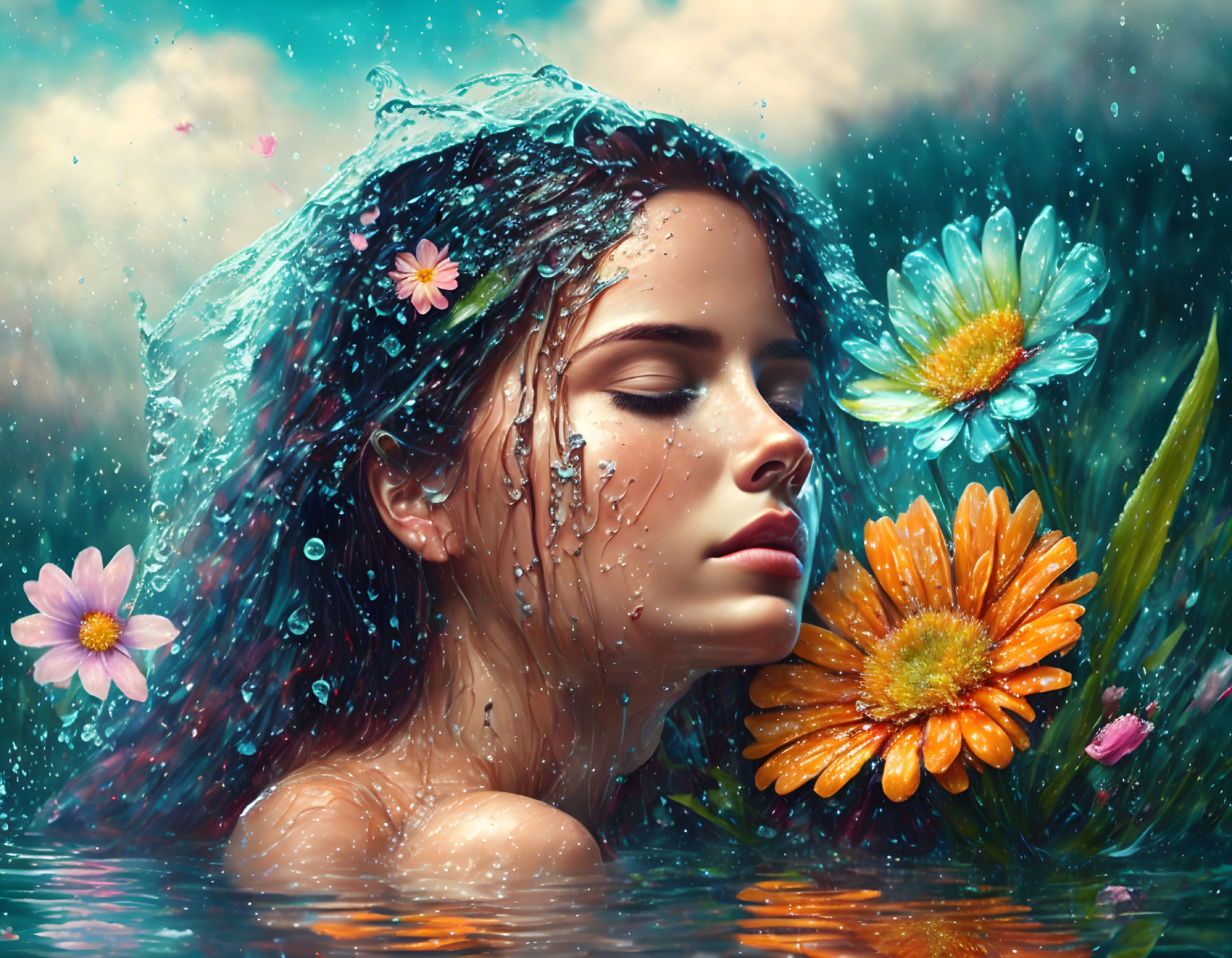 Woman enjoying peaceful moment surrounded by vibrant flowers and cascading water