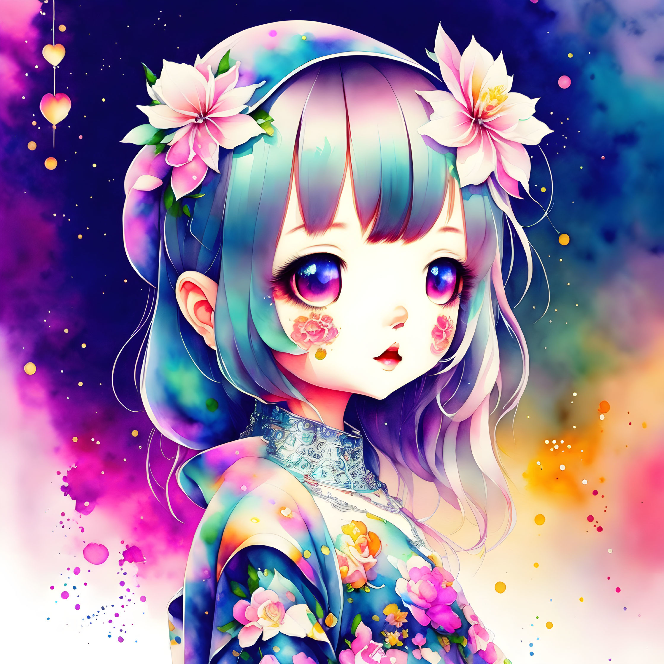 Colorful Anime-Style Girl with Flowers in Blue Hair