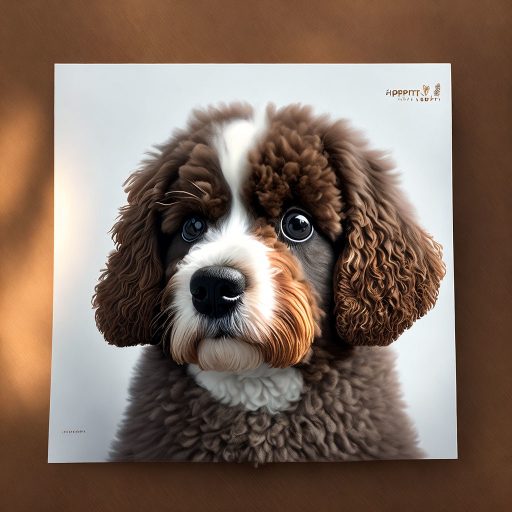 Fluffy brown and white dog with blue eyes on tan background